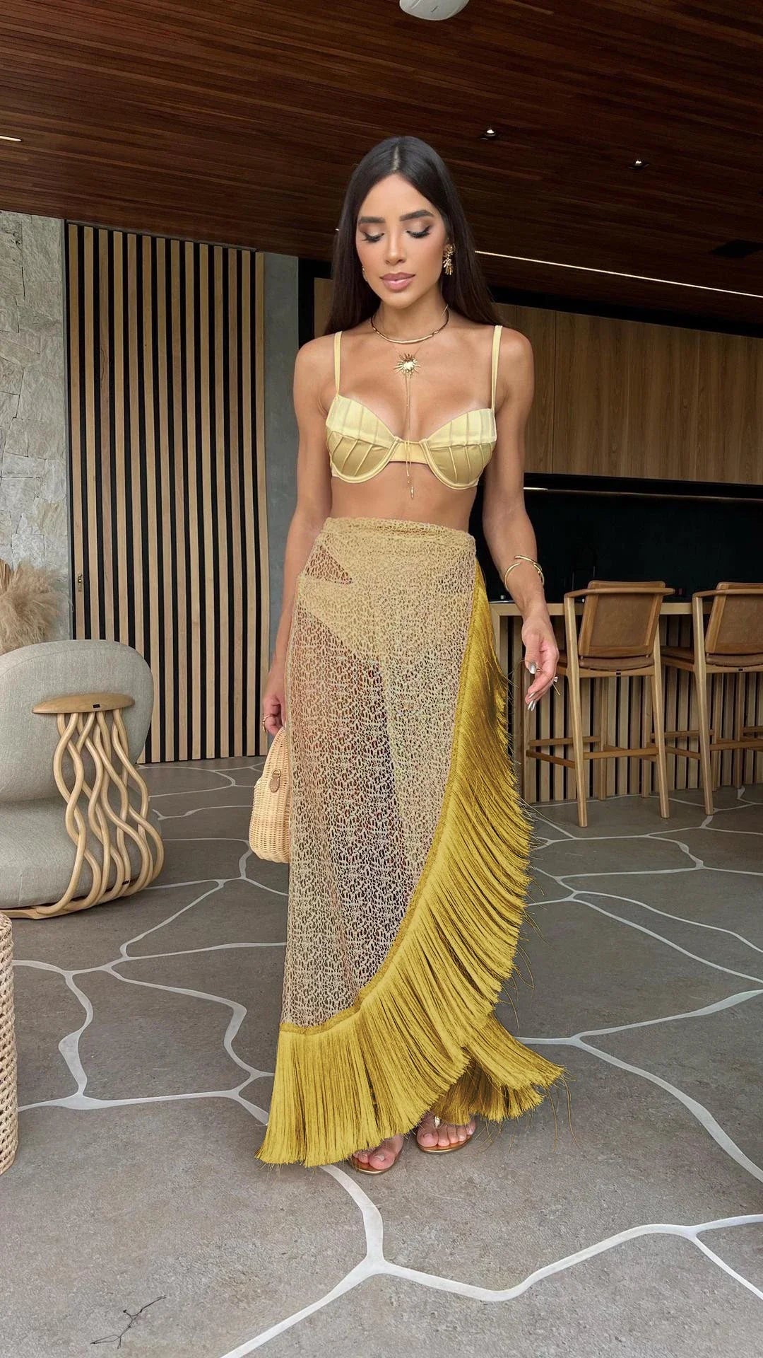 3 Piece Tassel Bikini Set for Women - Sexy Hollow Out Grid Beachwear, See Through Knit Skirt Suit | Perfect for Summer Vacations, Pool Parties & Street Fashion