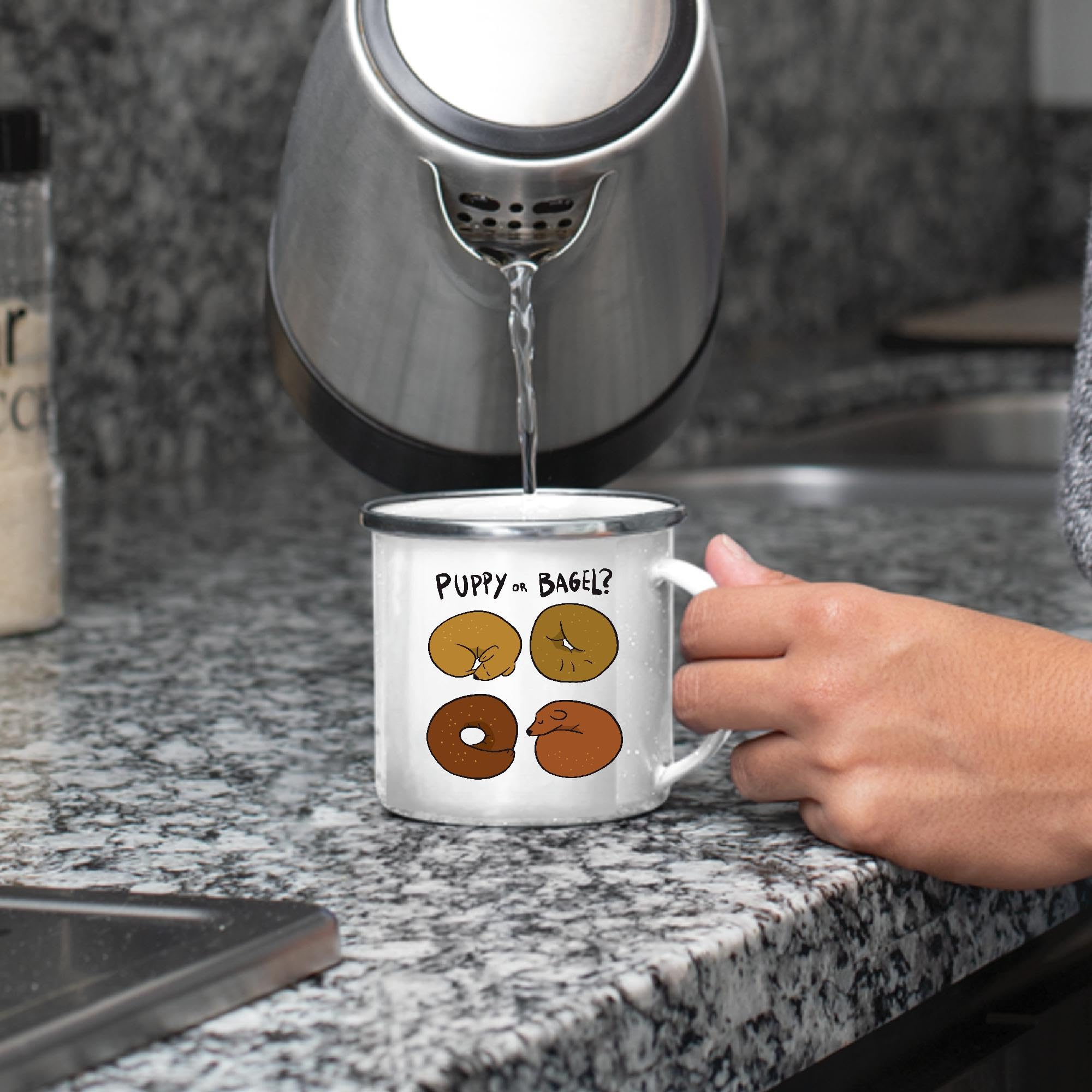 12oz Enamel Silver Coffee Mug - Perfect Gift for Dog Lovers, Pet Owners & Animal Fans - Cute Puppy and Bagel Sleeping Design - Great for Coffee, Tea & Hot Drinks at Home or Office