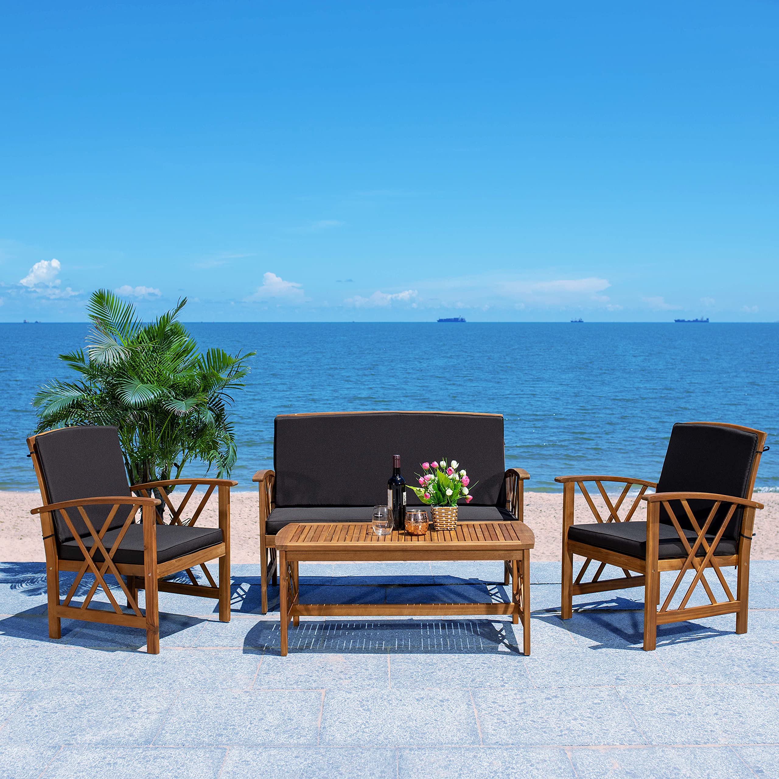 SAFAVIEH Outdoor Collection Fontana Natural/Black 4-Piece Patio Conversation Set - Water-Resistant Cushions for Backyard, Garden & Poolside Relaxation