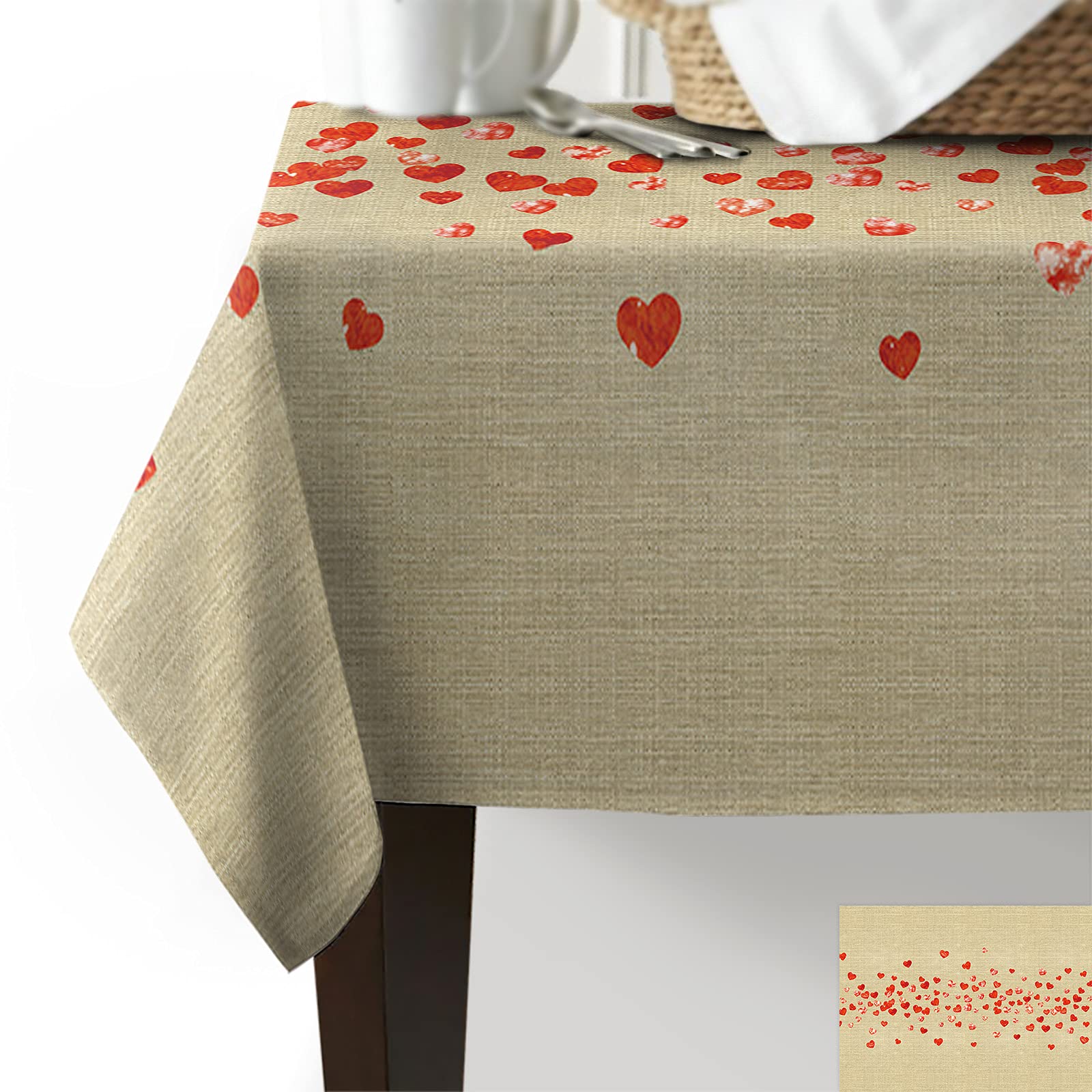 Farmhouse Valentine's Day Tablecloth 60x120 Inches - Waterproof Rectangular Table Cover for Kitchen, Dining, Outdoor Use - Romantic Heart Print Burlap Tablecloth for Parties, Weddings & Holiday Decor