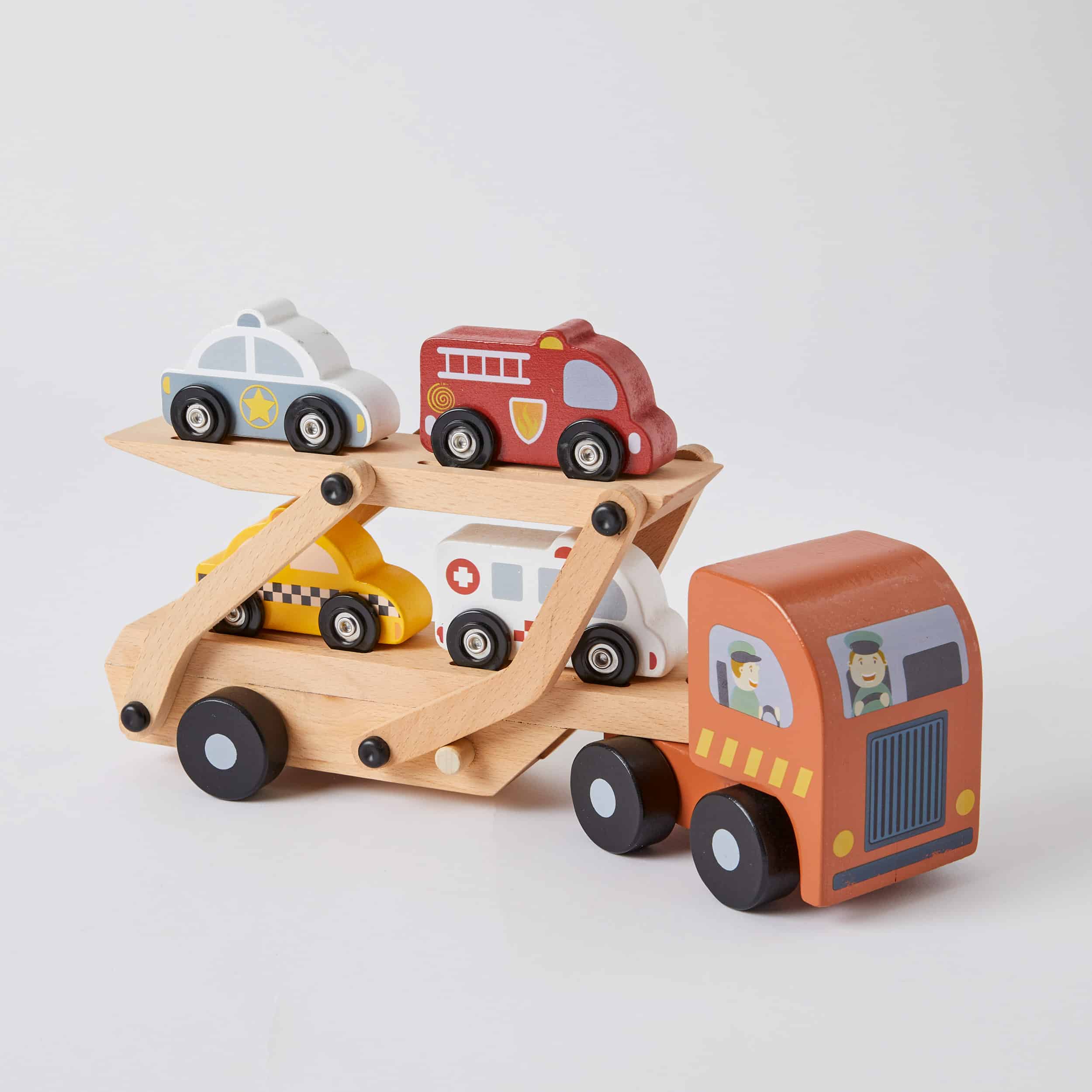 Wooden Car Carrier Truck Toy Set for Kids - 12-Piece Wooden Vehicle Transport Playset with Movable Ramp - Perfect for Pretend Play, Birthday Gifts & Preschool Learning Activities