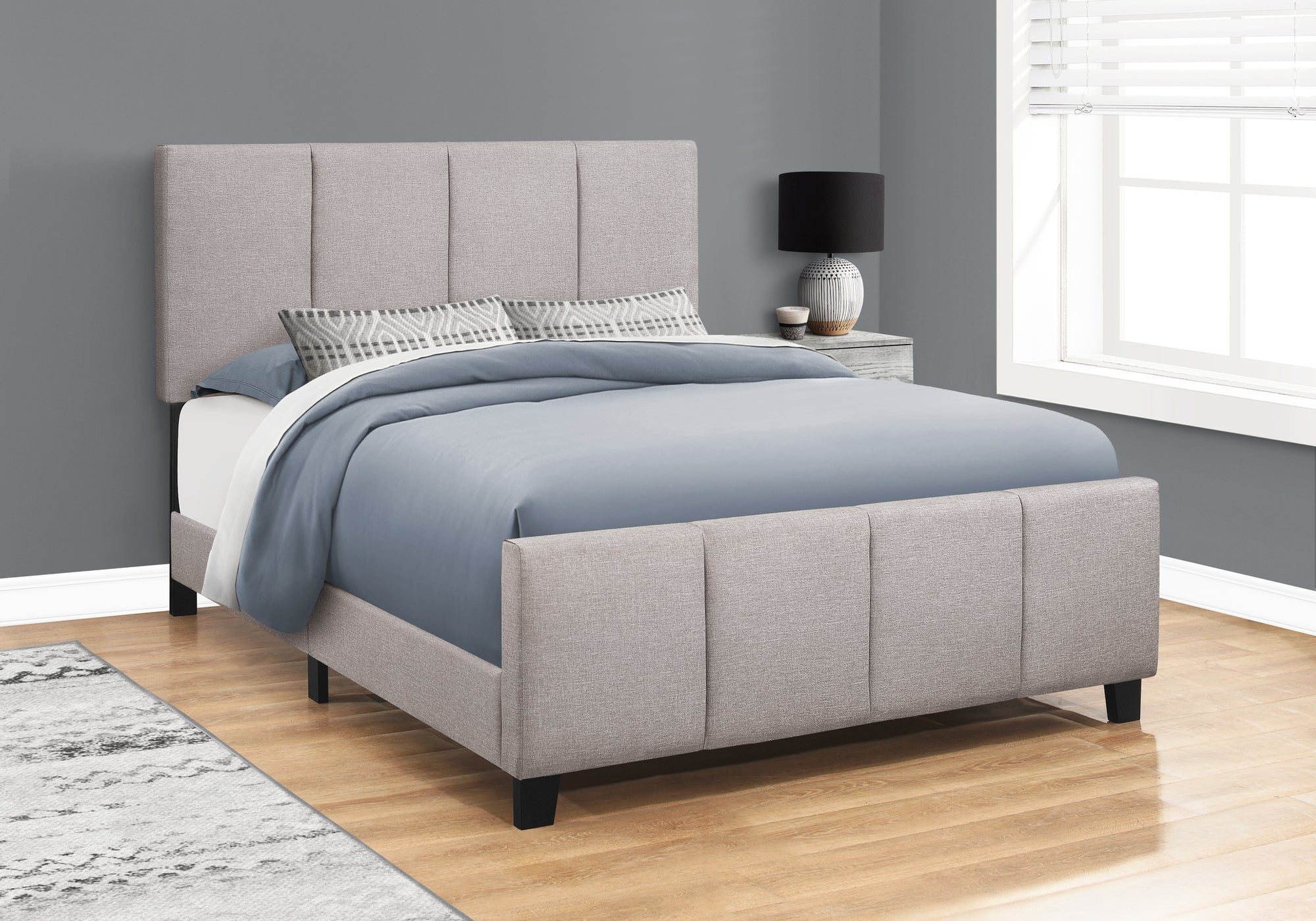 Queen Size Bed Frame with Grey Linen Upholstery & Black Wooden Legs - Modern Bedroom Furniture for Master Bedroom, Guest Room or Apartment