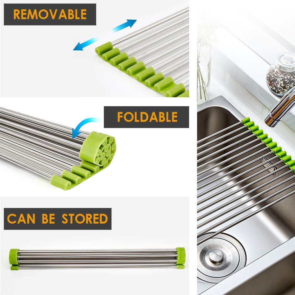 Foldable Roll-Up Kitchen Sink Drain Rack - Non-Slip Silicone & Stainless Steel Dish Drying Rack for Dishes, Utensils, and Vegetables | Space-Saving, Durable, and Easy to Clean | Perfect for Small Kitchens, RVs, and Apartments