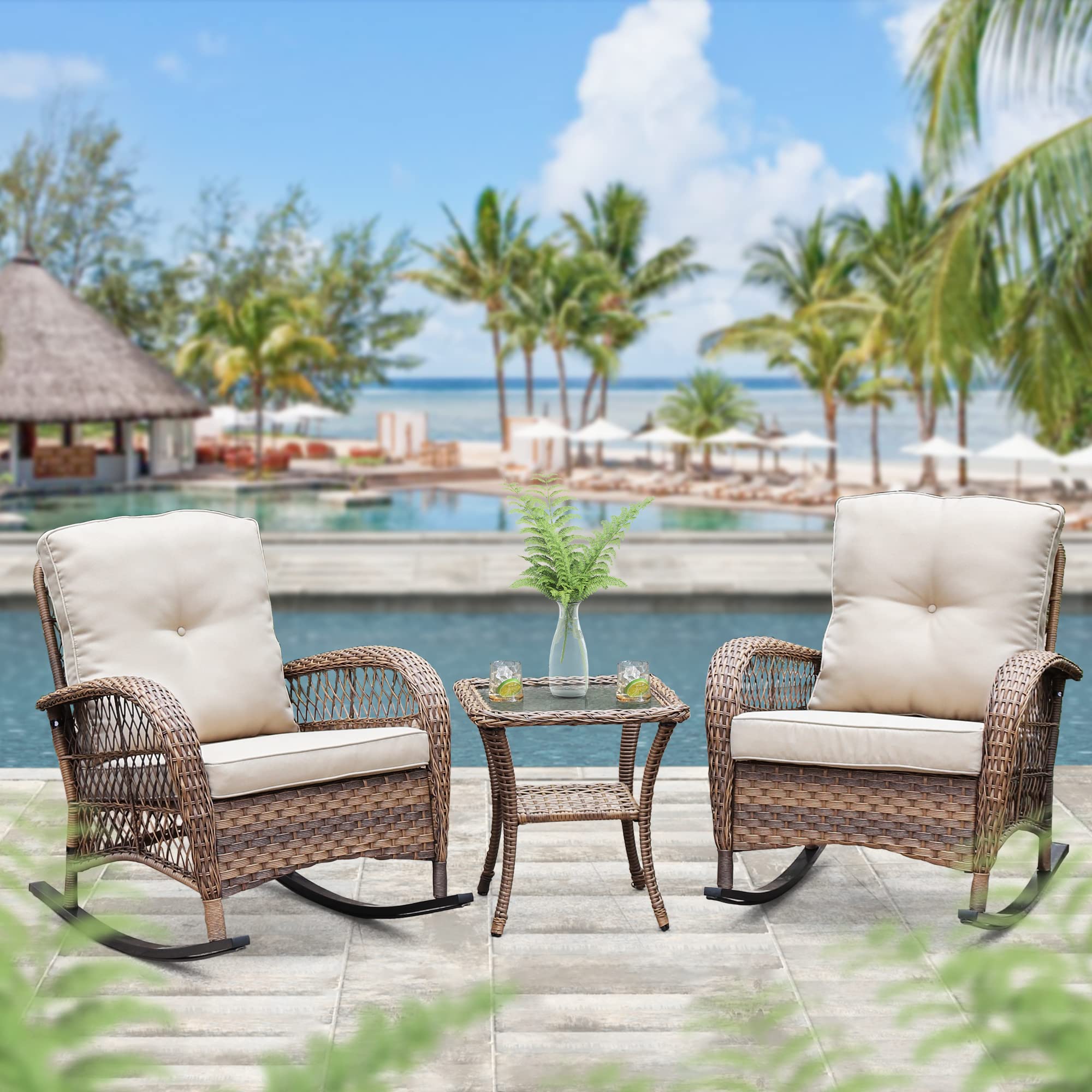 ABBLE 3-Piece Wicker Rocking Conversation Set with Cushions - Outdoor Patio Furniture, Bistro Seating Group, Light Brown Rocking Chairs for Garden, Porch & Backyard Relaxation