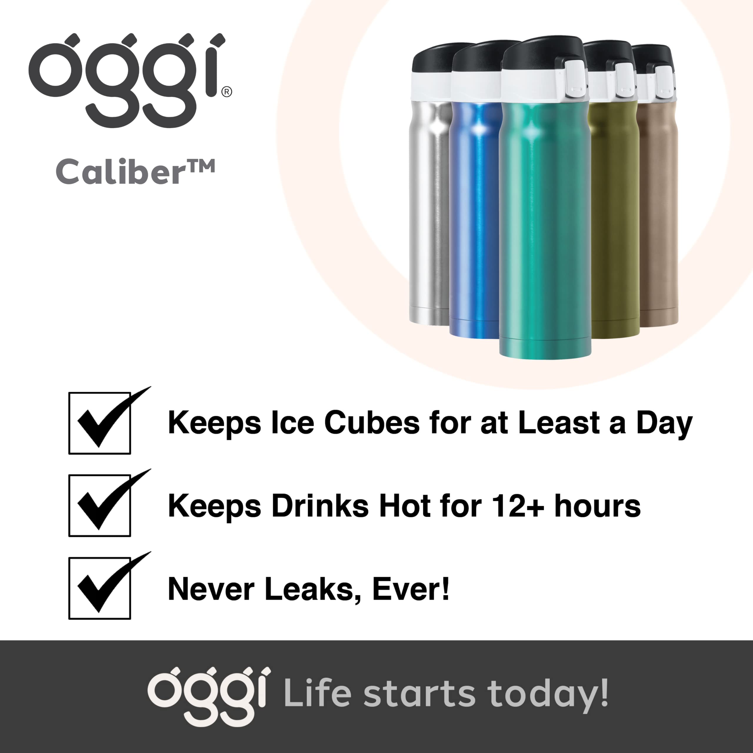 OGGI Caliber 17oz Stainless Steel Insulated Water Bottle - Leakproof Travel Coffee Mug, Double Wall Vacuum Metal Sports Bottle for Hiking, Gym & Outdoor Activities (Black)