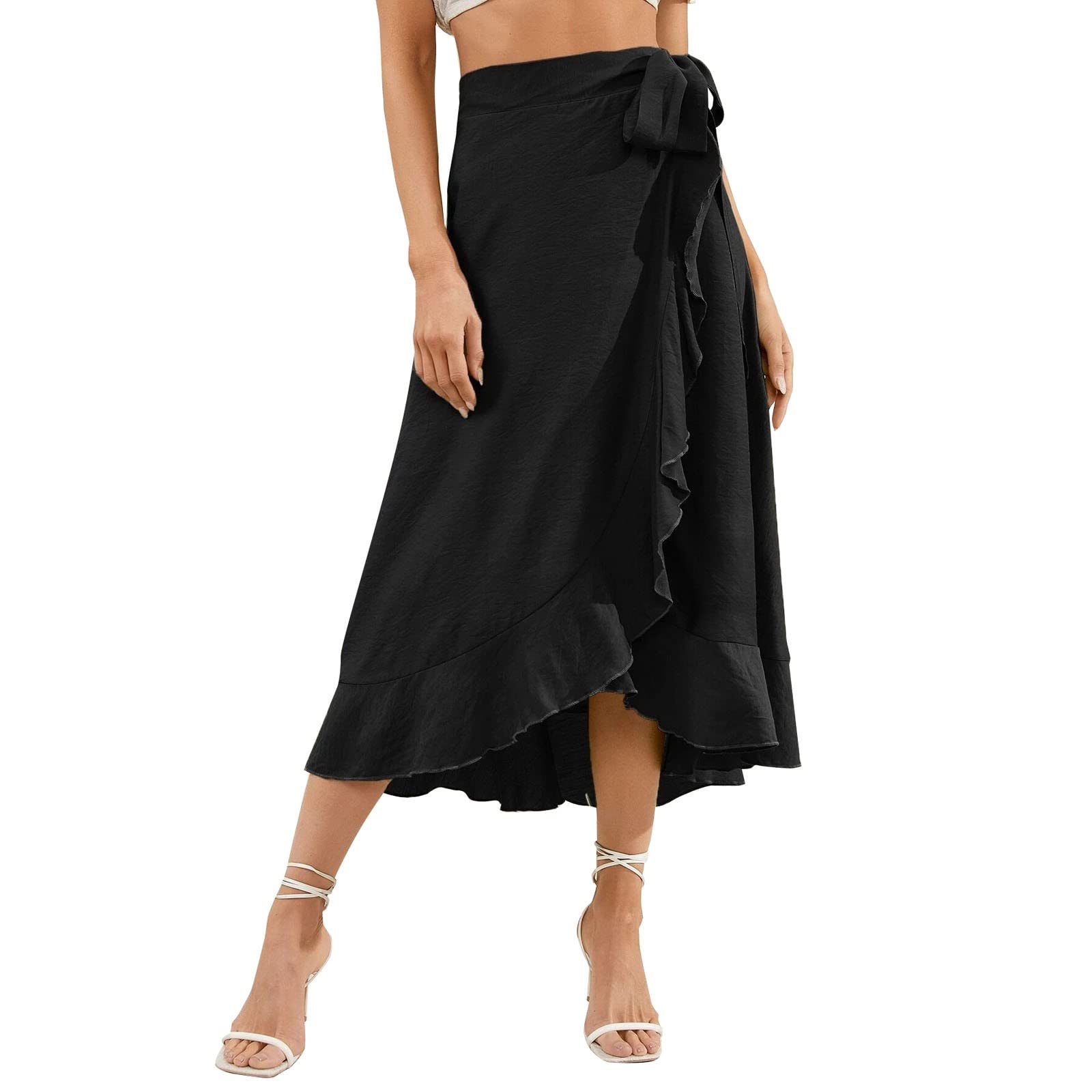 Elegant Women's Long Maxi Skirt with High-Low Side Split, Ruffle Hem & Elastic Waist - Perfect for Summer, Beach, Parties & Casual Wear