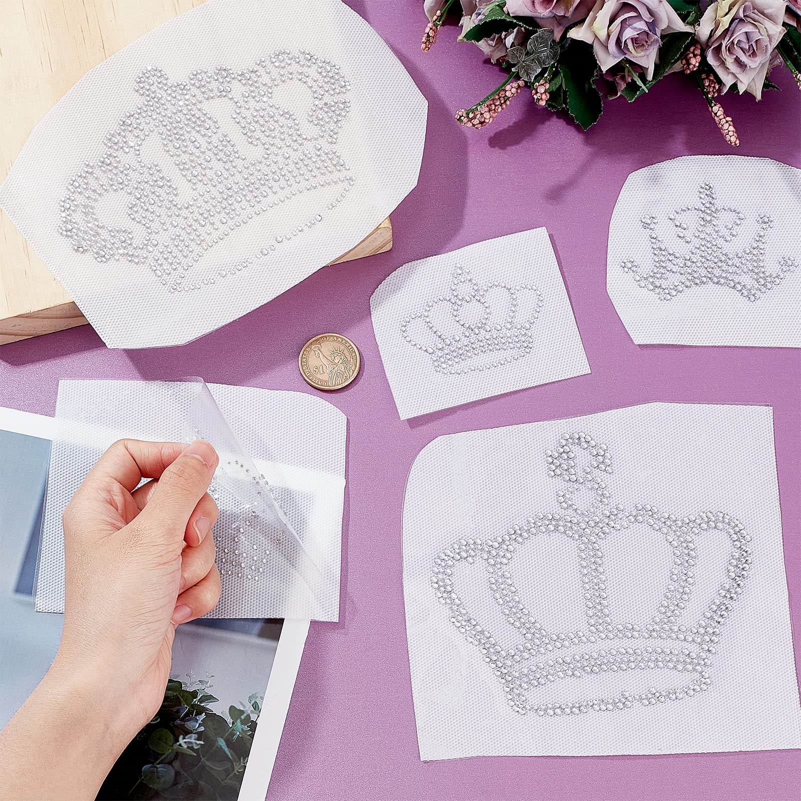 FINGERINSPIRE 5pcs Crown Iron-on Crystal Rhinestone Decals - Large Hotfix Rhinestone Transfer Patches for Clothing, DIY Embellishment (Perfect for T-Shirts, Jeans, Jackets & Costume Design)