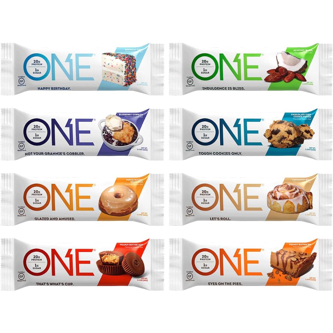 ONE Protein Bars Sampler Variety Pack - Gluten Free, 20g Protein, 1g Sugar - Healthy Snacks for Weight Loss & Muscle Building - Perfect for Gym, Hiking & On-the-Go Nutrition (8 Count, 2.12 oz Each)