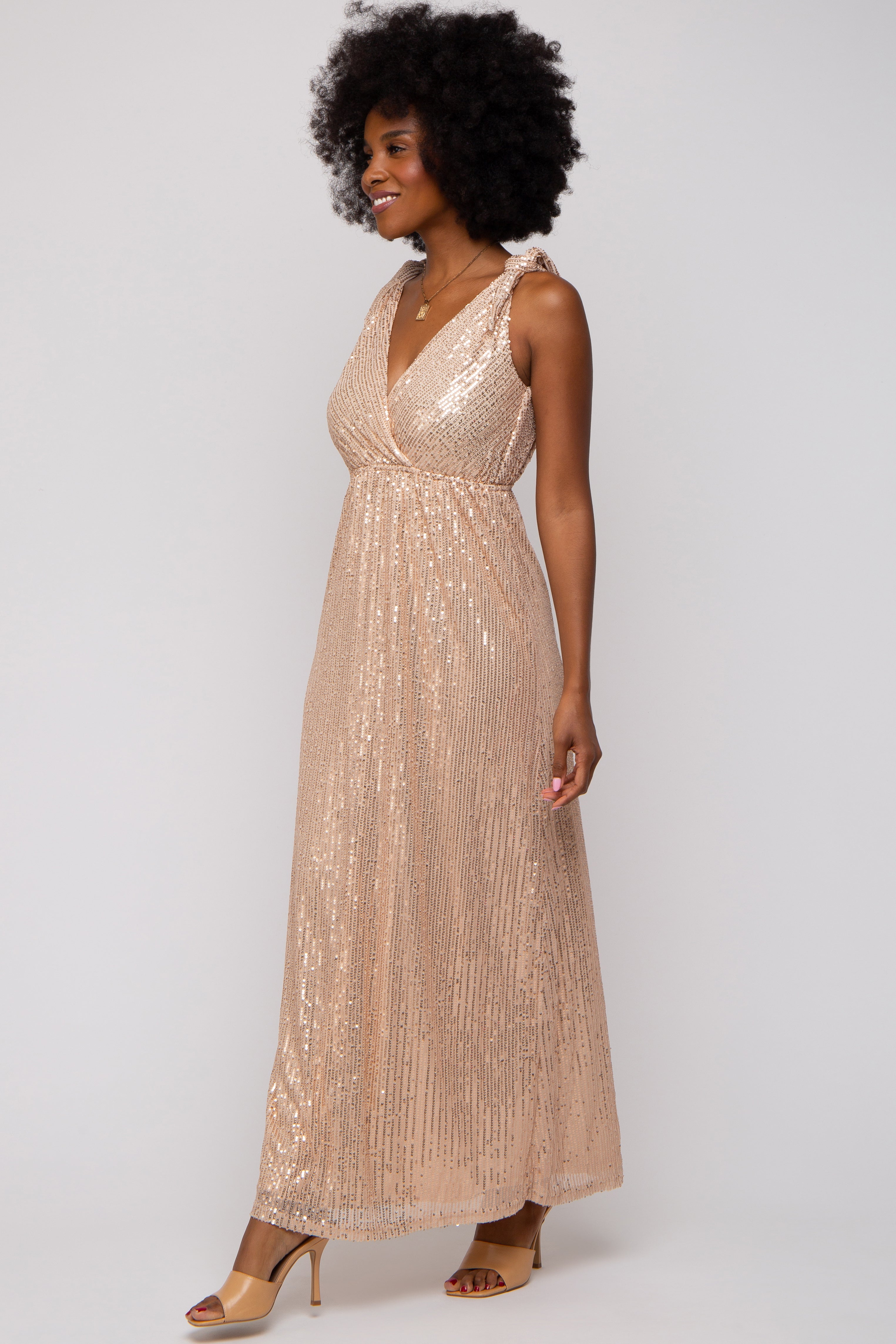 Elegant Beige Sequin Sleeveless Wrap V-Neck Evening Gown for Women - Perfect for Prom, Cocktail Parties & Formal Events