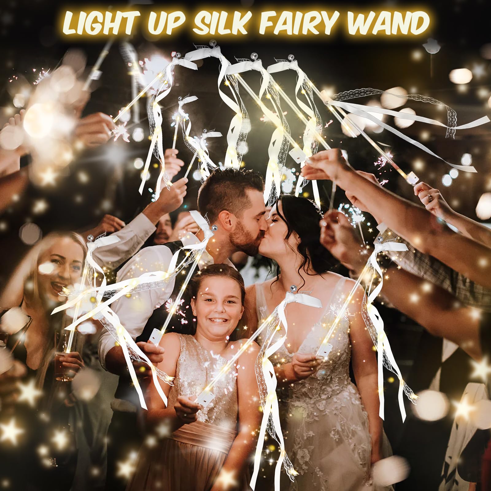 100 PCS LED Light Up Wands for Weddings - 3 Color Flashing Modes, Fairy Wands with Bells & Silk Streamers | Perfect for Weddings, New Year Parties, Raves, Concerts, Birthday Celebrations & Magical Events