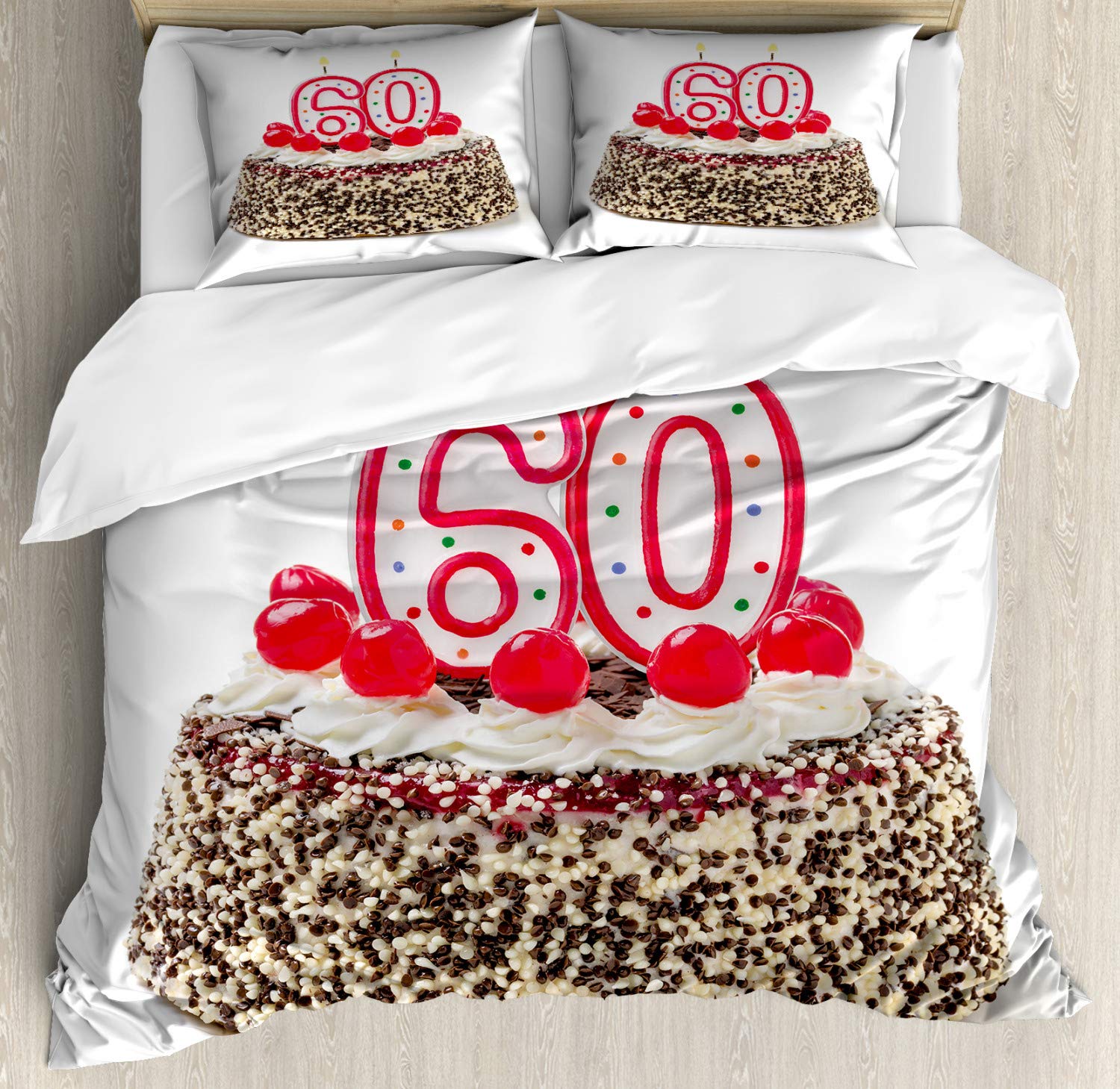 Ambesonne 60th Birthday Duvet Cover Set - Happy Party Cake with Candles, Cherries & Sprinkles - 3 Piece California King Bedding Set with 2 Pillow Shams - Vibrant Multicolor Design for Birthday Celebrations & Guest Room Decor