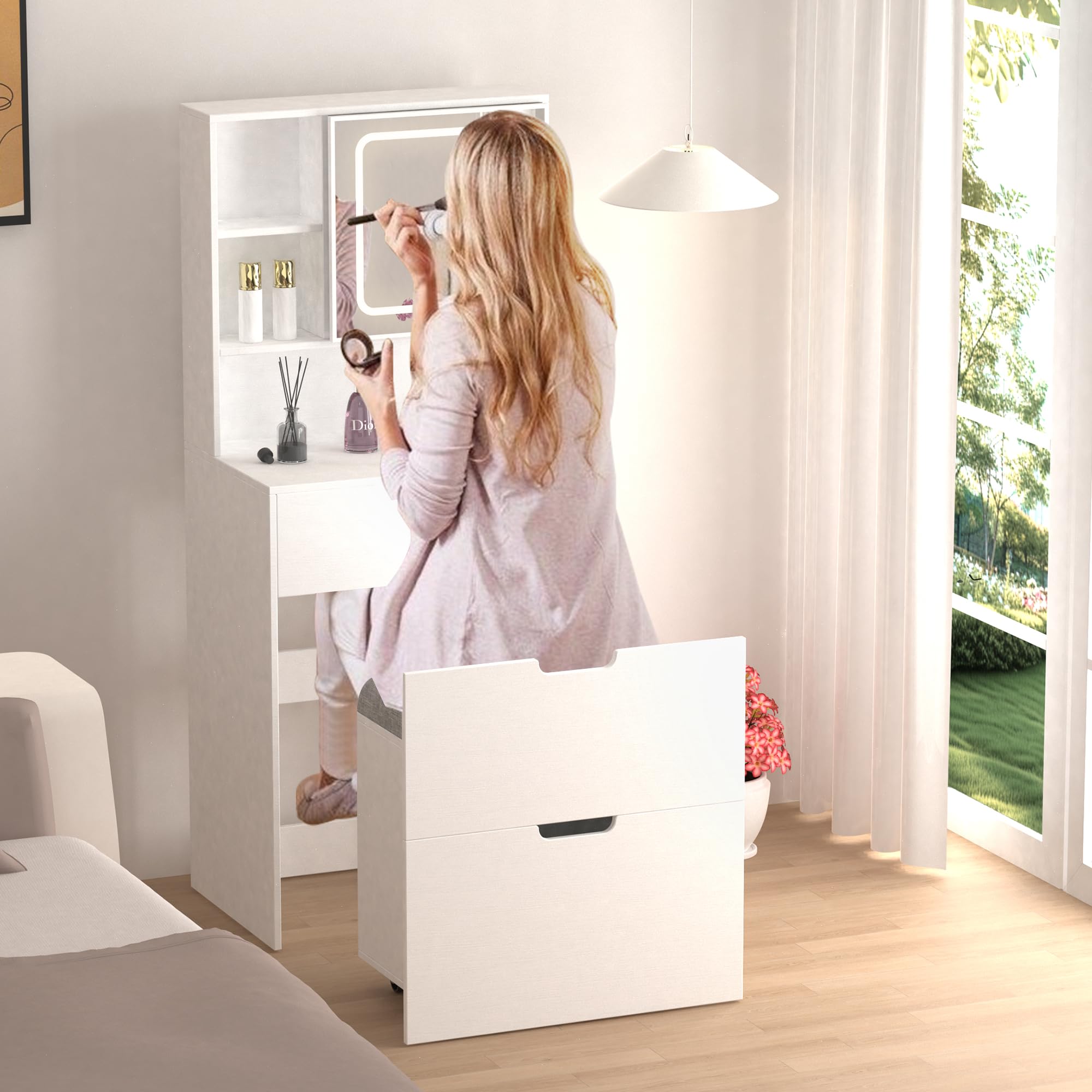 Compact White Makeup Vanity Set with 3 Adjustable LED Mirrors, Storage Chair & Power Outlets - Space-Saving Dressing Table for Small Bedrooms, Apartments & Dorm Rooms - Perfect for Daily Beauty Routine & Makeup Organization