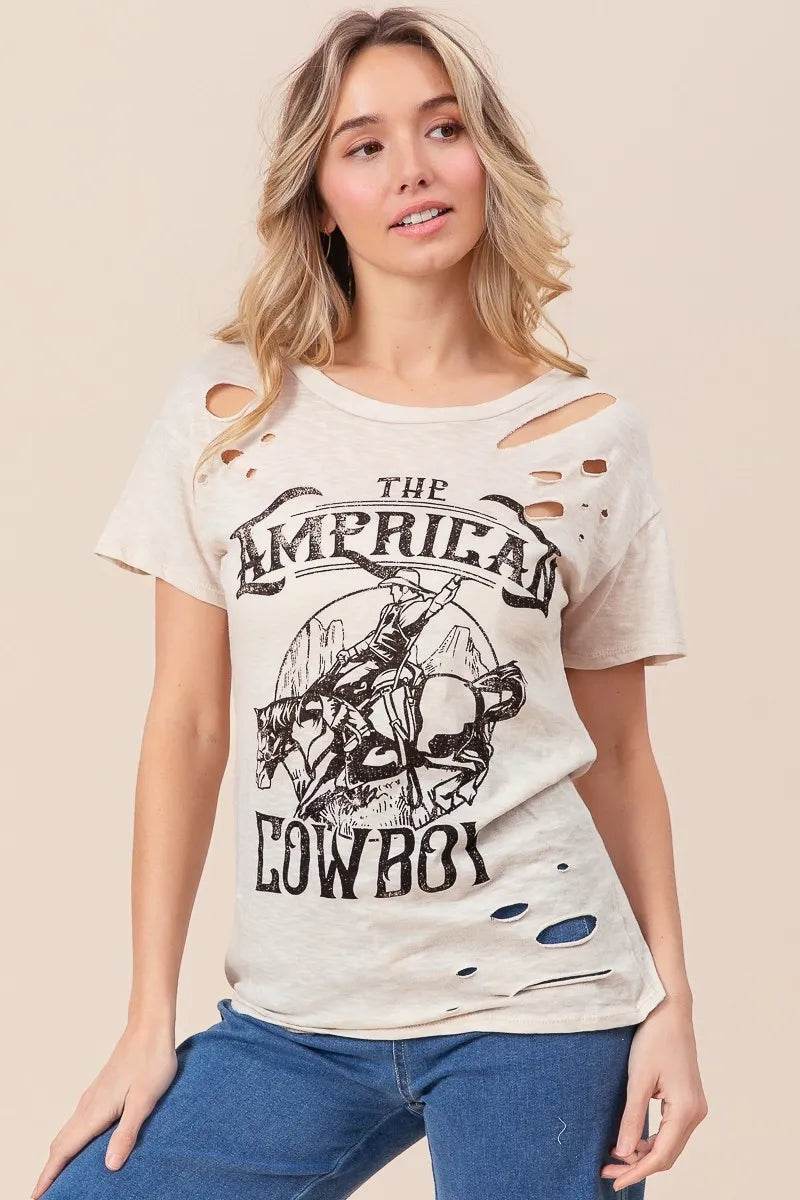 BiBi Cotton Slub Laser Top - Vintage American Cowboy Graphic Tee for Men & Women | Casual Streetwear, Western Style Fashion, Music Festival Outfit