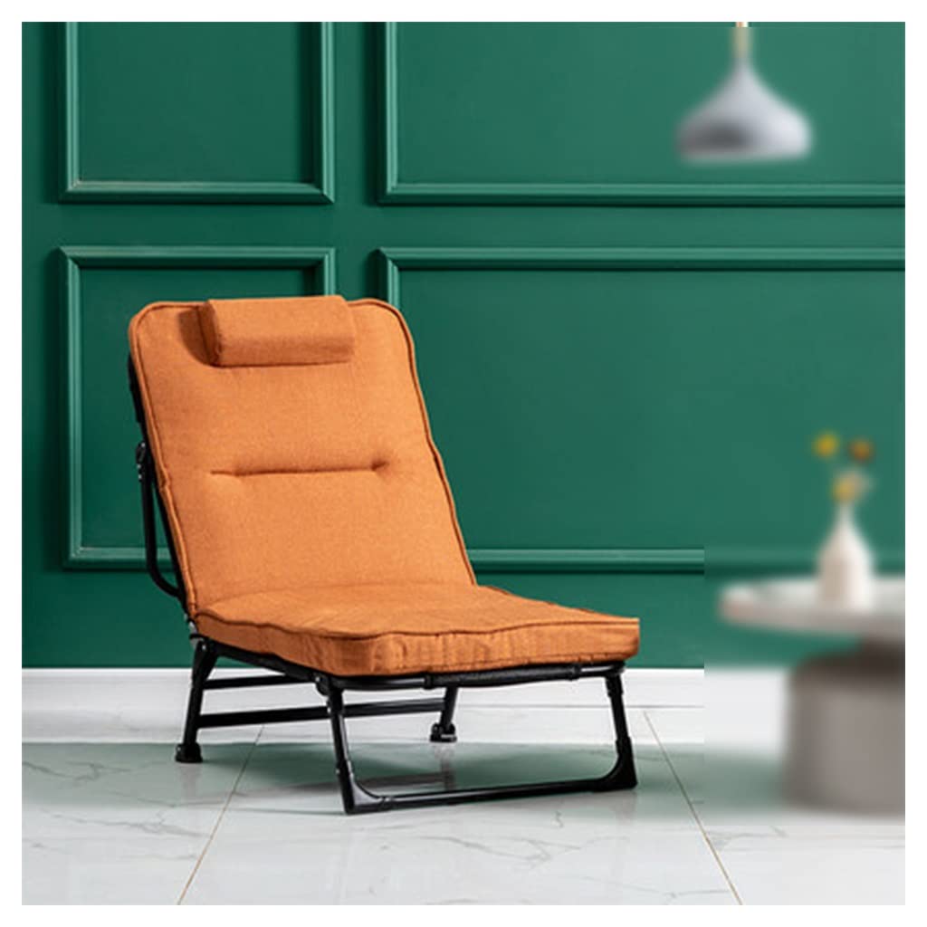 Adjustable Steel Frame Lounge Chair with Pillow - Portable Folding Recliner for Bedroom, Living Room & Office - Comfy Padded Sofa Chair in Orange - Perfect for Relaxing, Reading & Small Spaces
