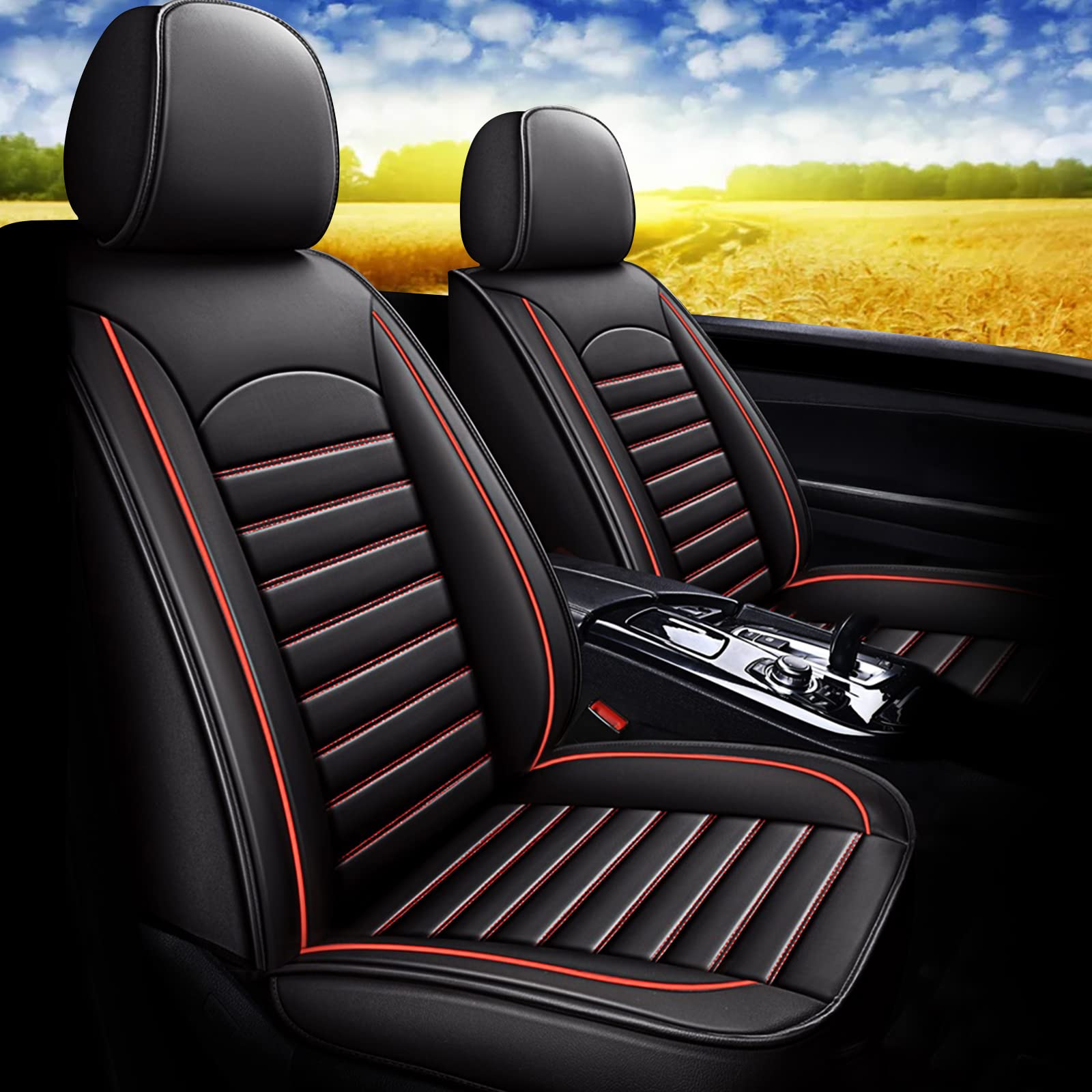 Premium Faux Leather Car Seat Covers for Honda Accord Hybrid 2014-2017 - Airbag Compatible, Waterproof, 2-Row 5-Seat Full Set (Red Line) - Perfect for Daily Commute, Road Trips & Interior Protection
