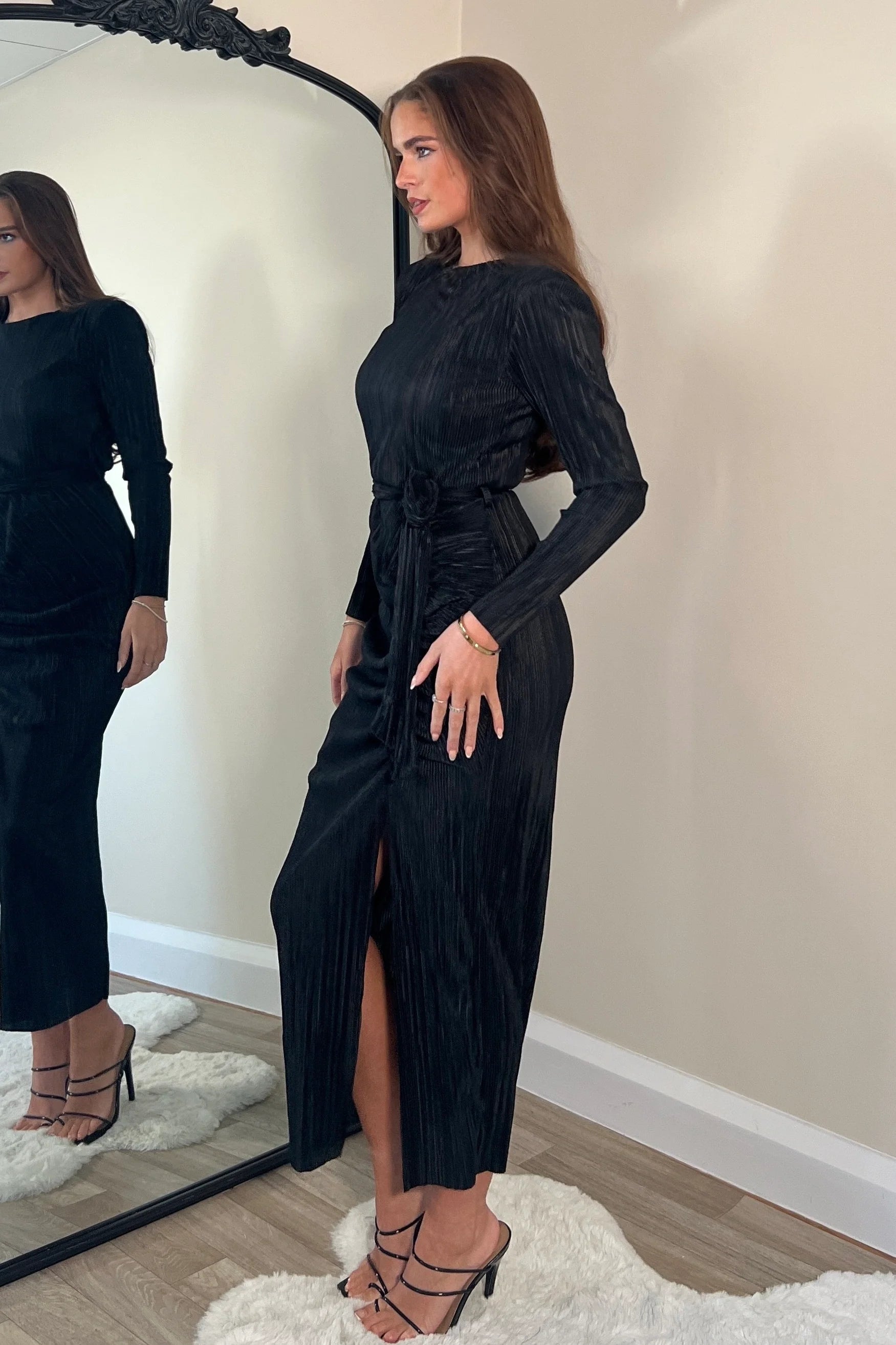 Elena Long Sleeve Ruched Seamed Midi Dress for Women - Elegant Black Bodycon Dress for Party, Wedding & Evening Occasions