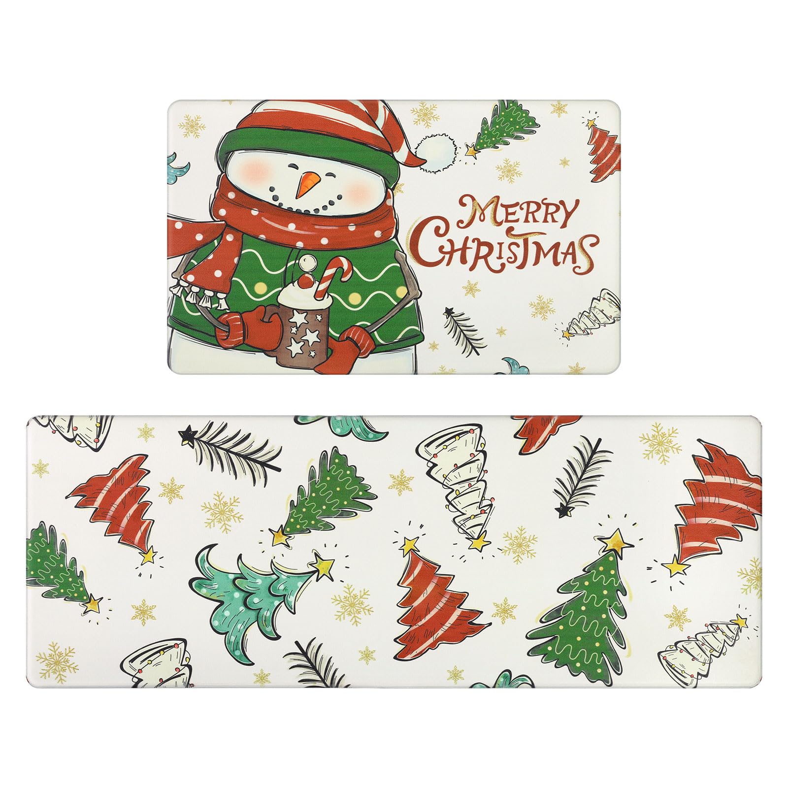 Topotdor Christmas Snowman Kitchen Mat Set of 2 - Non-Slip Waterproof Anti-Fatigue Cushioned Standing Mats for Winter Holiday Decor - Perfect for Kitchen, Office, or Entryway Floor Protection