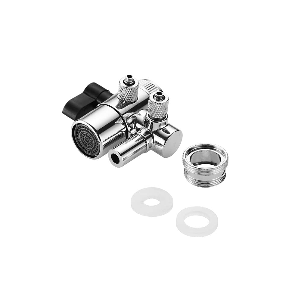 **2-Way Chrome Faucet Splitter with Diverter Valve - 1/4 inch Push-On Tubing Adapter for Sink Water Filter | Above Counter Kitchen Faucet Replacement Part | Perfect for Clean Drinking Water & Multi-Tasking**