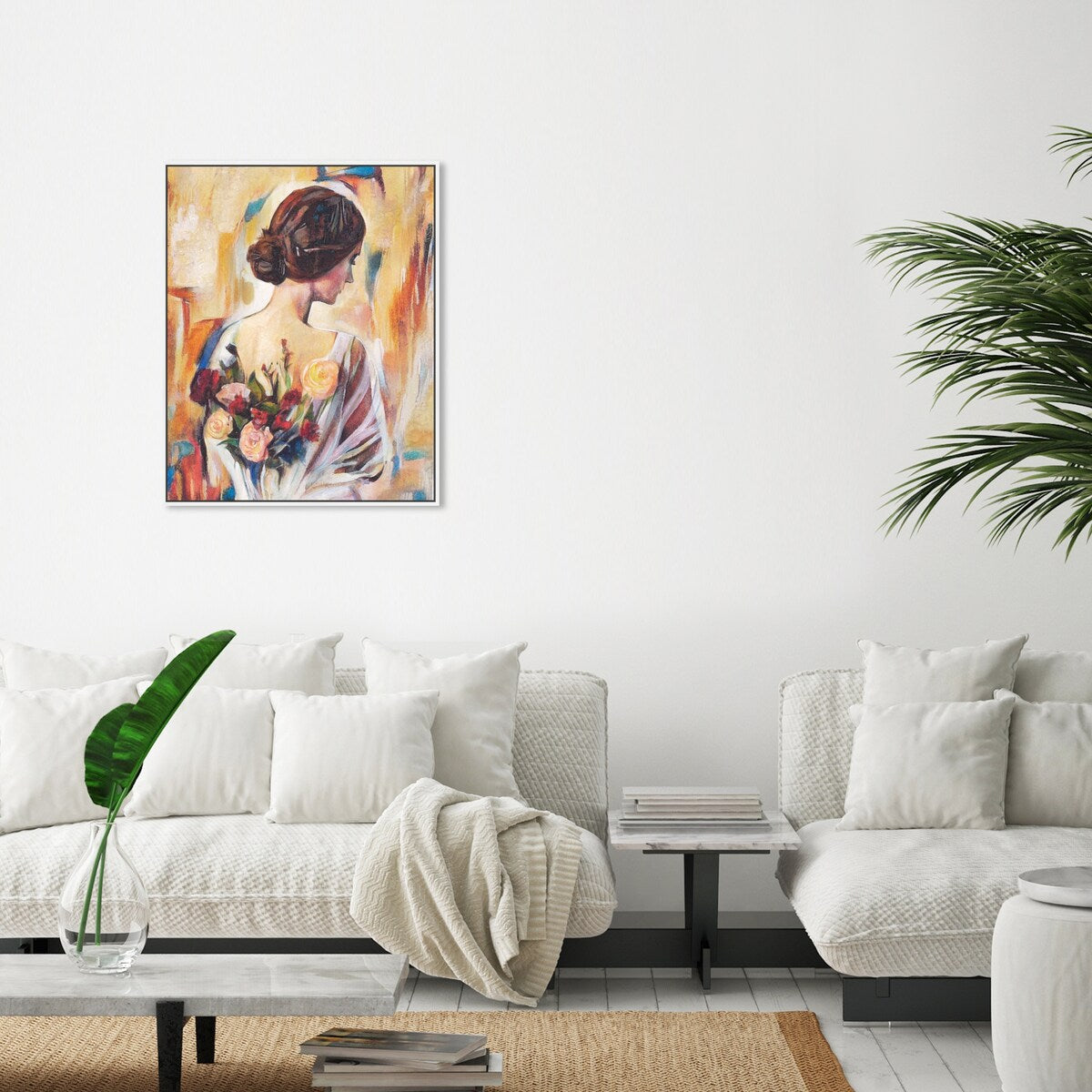 Modern White Framed Canvas Wall Art Print - Floral Back and Flowers Design for Women's Bedroom Decor | Perfect for Home, Living Room & Office Wall Decoration