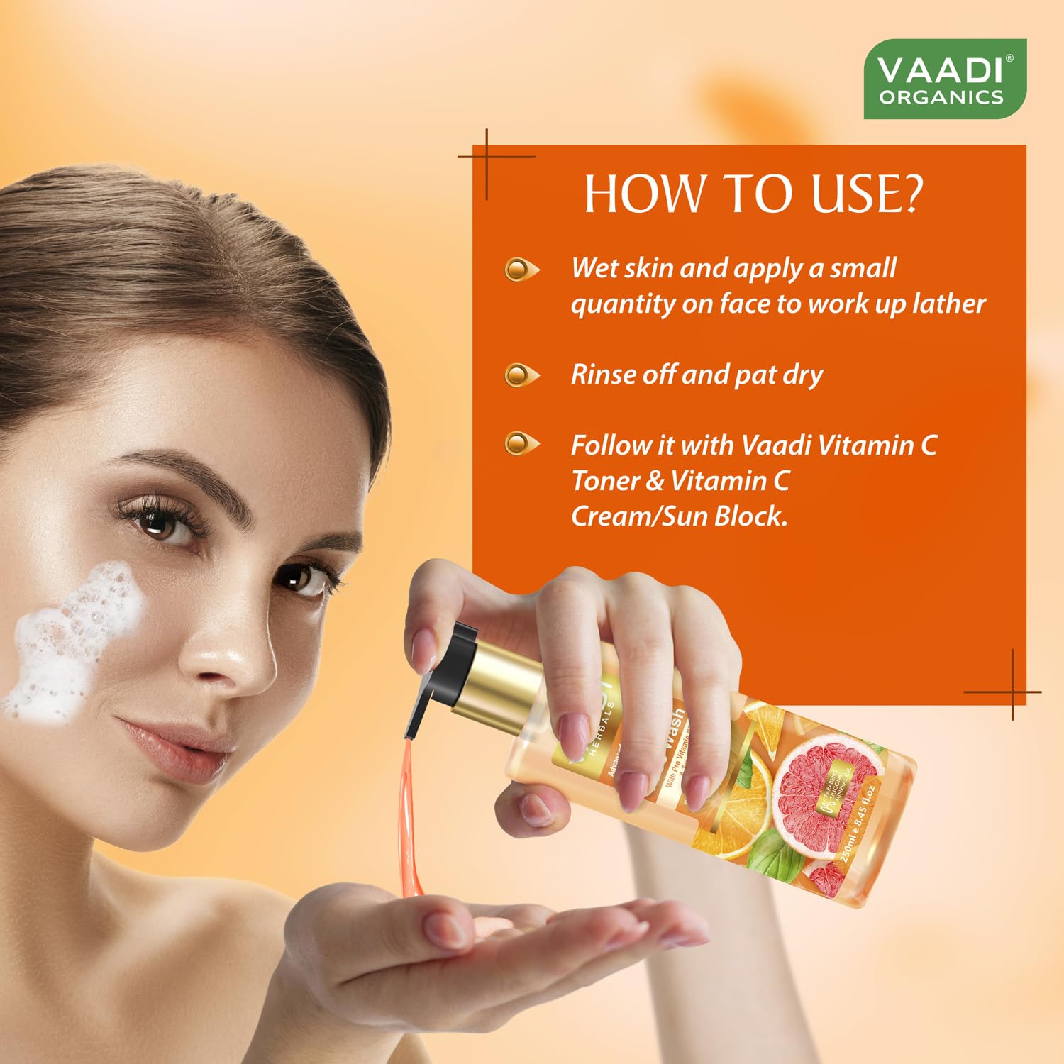 Vaadi Herbals Vitamin C Face Wash with Pro Vitamin B5 & Turmeric - 110ml | Brightening & Hydrating Cleanser for Glowing Skin | Perfect for Daily Skincare Routine & Acne-Prone Skin
