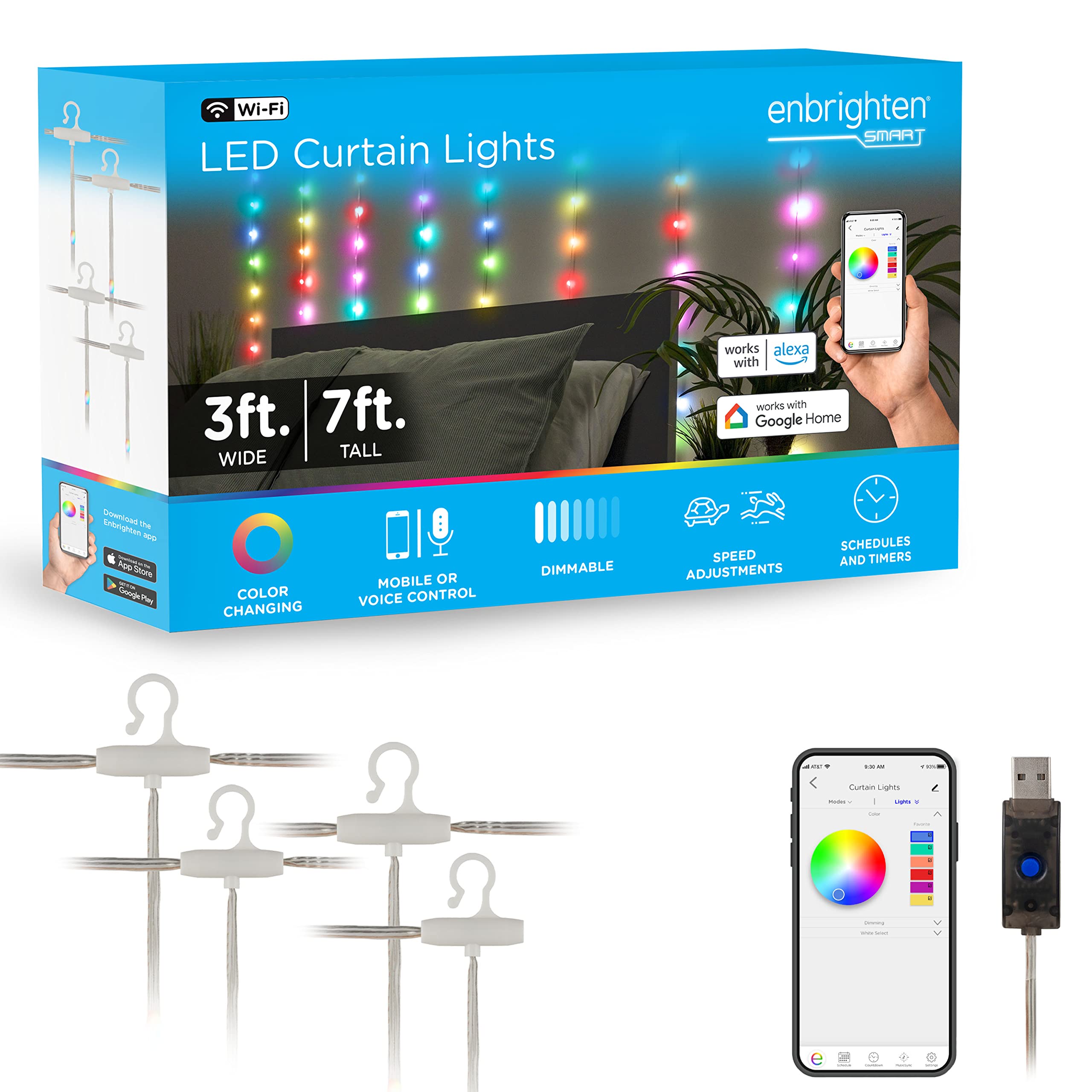 ENBRIGHTEN LED Wi-Fi Smart Curtain Lights with Color Changing & Bluetooth Control - USB Powered Fairy Lights for Bedroom, Patio, Living Room - Perfect for Home Decor, Parties, and Romantic Ambiance