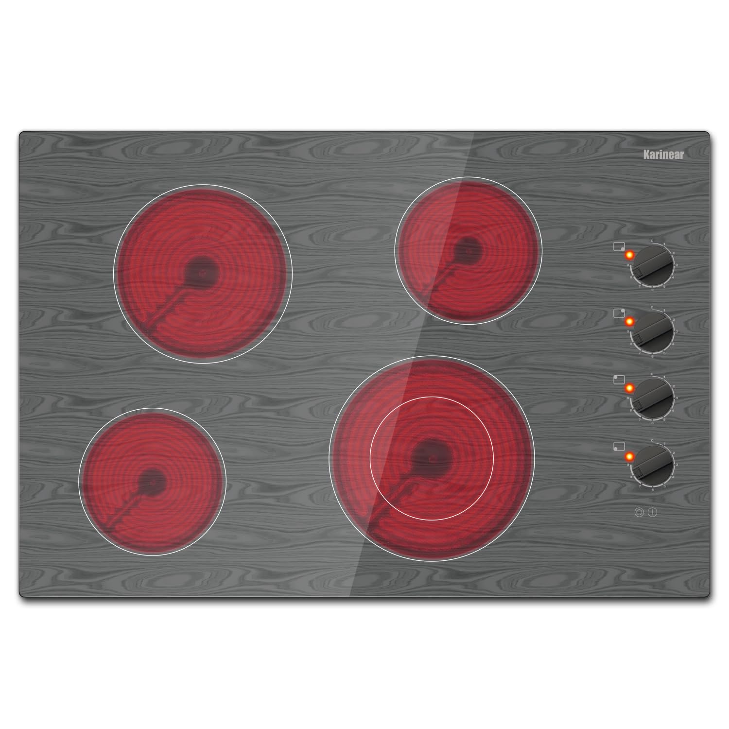 Karinear 30 Inch 4 Burner Electric Cooktop - 6700W High Power Built-in Ceramic Stove with Knob Control & Wooden Pattern Design, 220-240V Hardwired - Perfect for Modern Kitchens, Home Renovations & Small Restaurant Cooking Stations