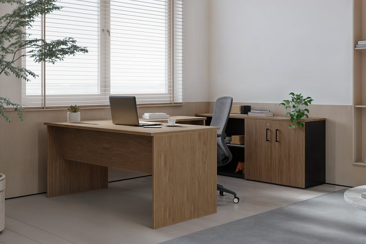 L-Shaped Executive Desk with Uniform Panel - Black Carcass [1400L x 1600W] - Perfect for Home Office & Corporate Workspaces