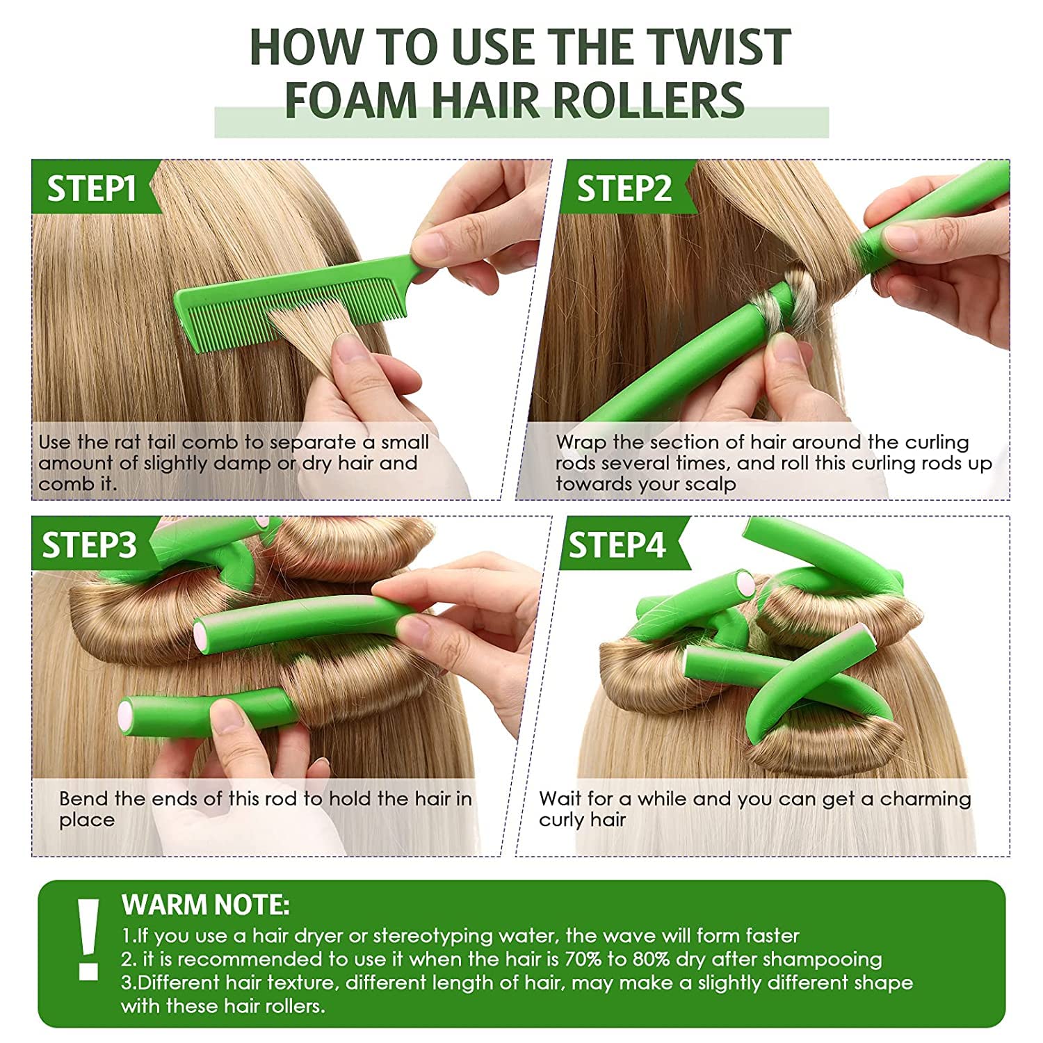 SIYAA 20 Pack Flexible Curling Rods - No Heat Soft Foam Hair Rollers & Twist Curlers with Steel Pintail Comb - Hair Styling Tools for Women & Girls (Green) - Perfect for Home Salon, DIY Hairstyles & Professional Styling