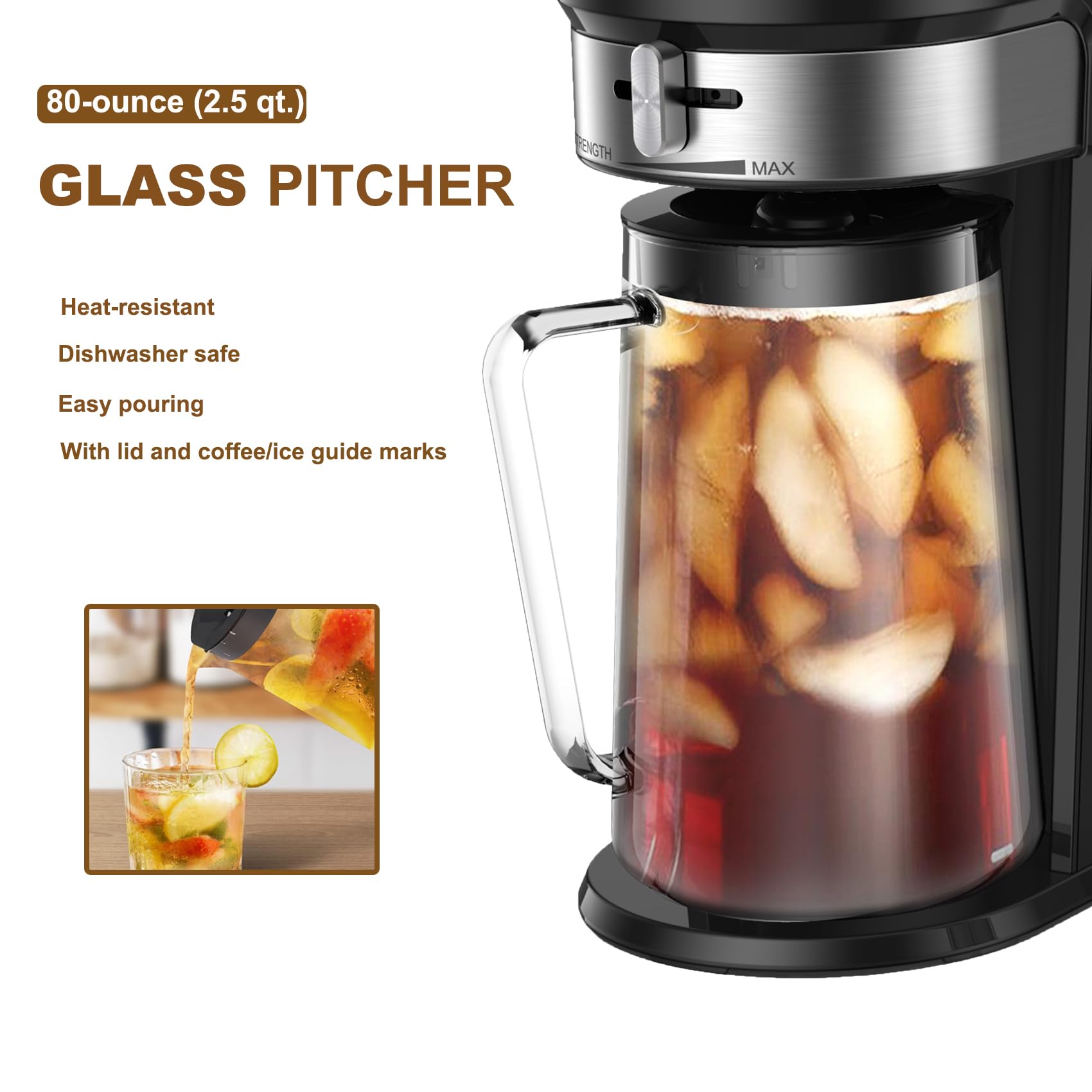 LITIFO 2.5-Quart Stainless Steel Iced Tea & Coffee Maker with Adjustable Strength Selector - Perfect for Home, Office & Outdoor Use (Black 2.0)
