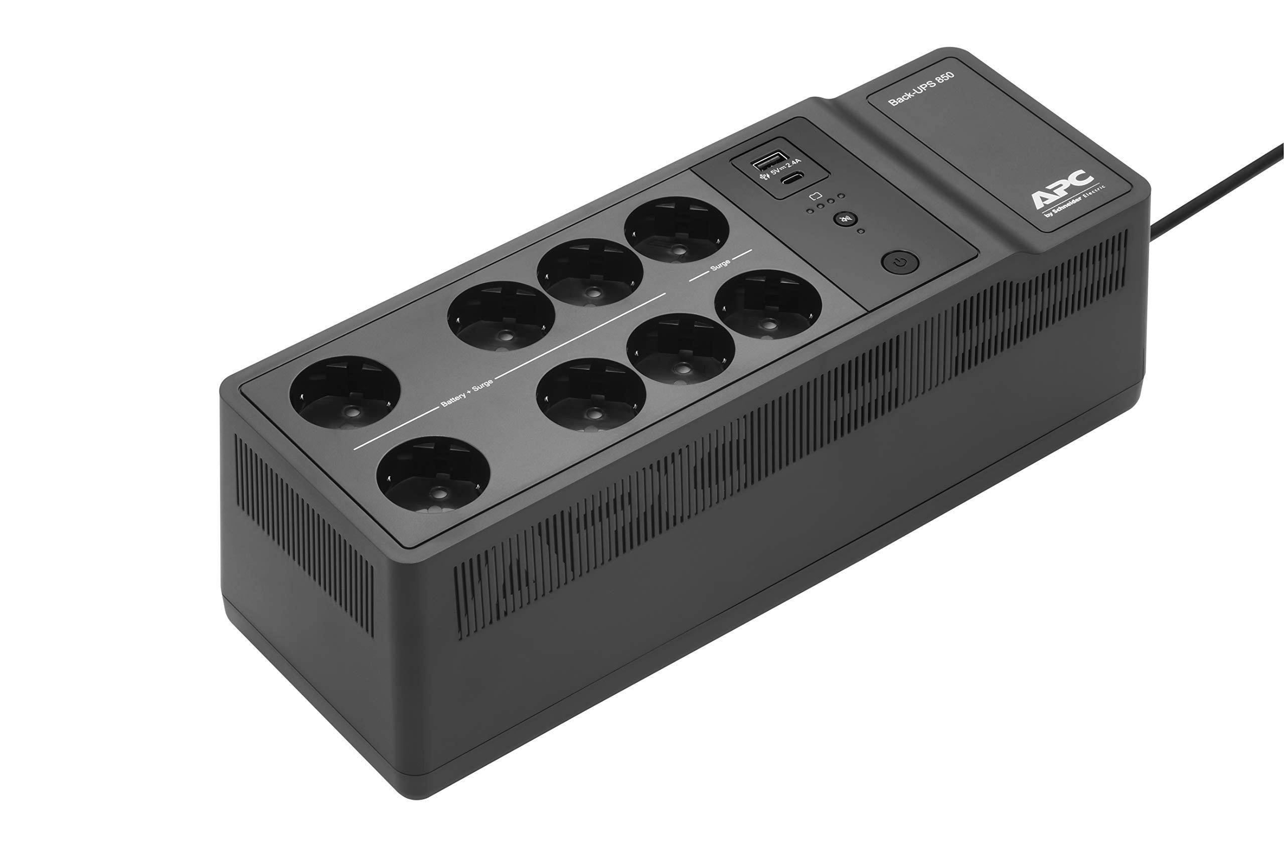 APC Back-UPS ES 850VA Battery Backup (BE850G2-SP) with 8 Schuko Outlets, USB-A & USB-C Charging Ports - Power Protection for Home Office, Gaming PC & Network Equipment
