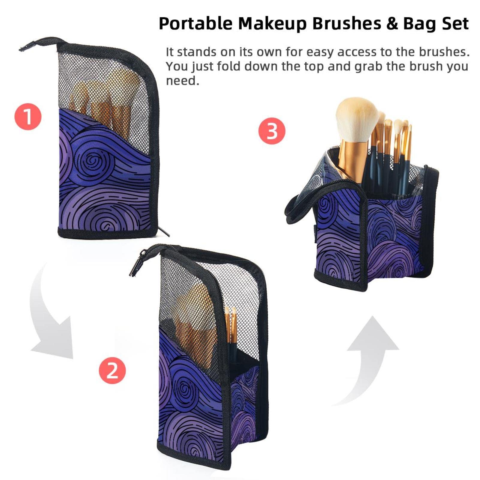 12-Piece Makeup Brush Organizer Bag with Purple Swirl Texture Waves - Portable Travel Cosmetic Brush Holder Case for Professional Makeup Artists & Beauty Enthusiasts - Perfect for Home, Travel & Salon Use
