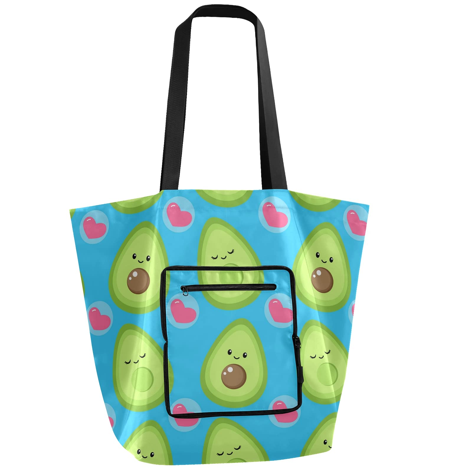 ALAZA Cute Cartoon Avocado & Heart Pattern Blue Reusable Shopping Tote Bag - Perfect for Groceries, Clothes, Toys & Travel | Eco-Friendly Foldable Carryall for Women & Kids