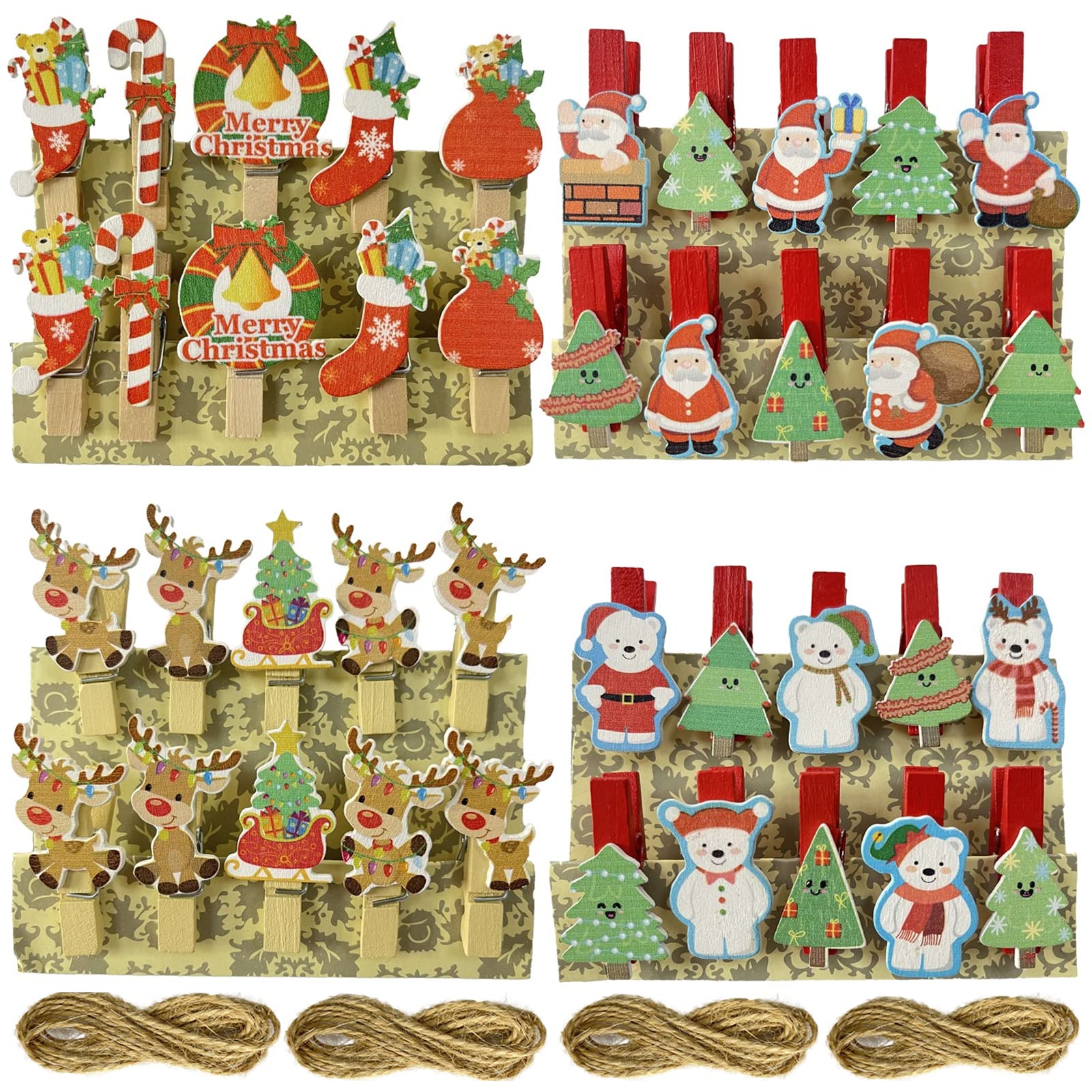 40 Pcs Mini Wooden Clothes Pins for Hanging Photos, Christmas Cards & Stockings - Decorative Clips with Twine for Home, Party & DIY Crafts - Perfect for Holiday Decor, Photo Displays & Gift Wrapping