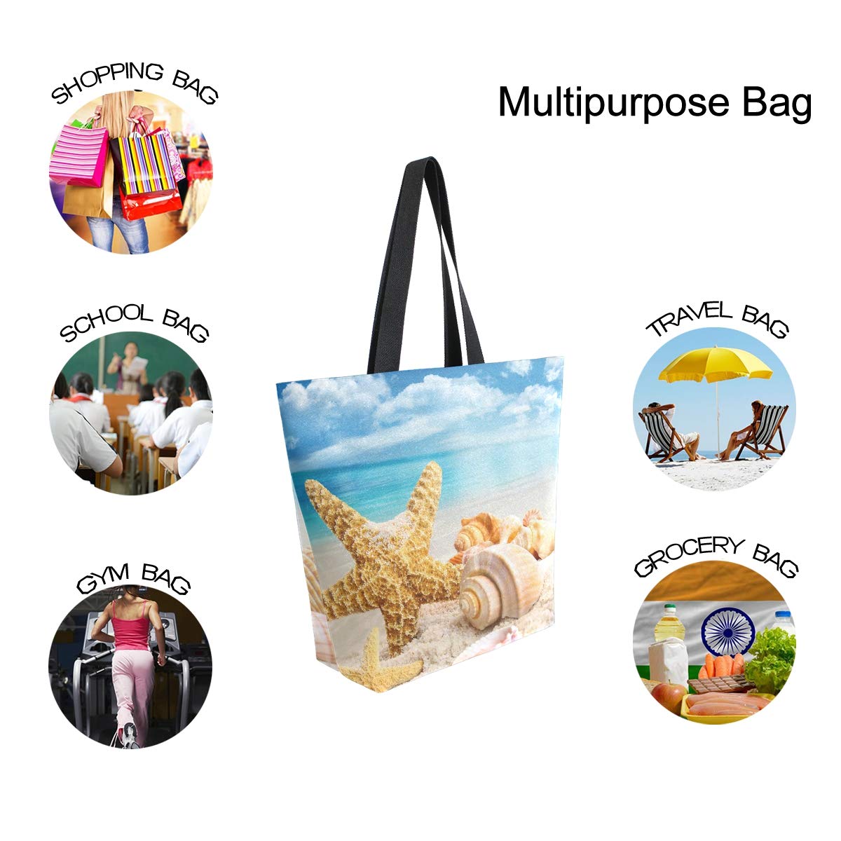 ALAZA Starfish Seashell Beach Canvas Tote Bag - Large Reusable Cotton Shoulder Purse for Women | Perfect for Summer Travel, Work, Shopping & Grocery Trips