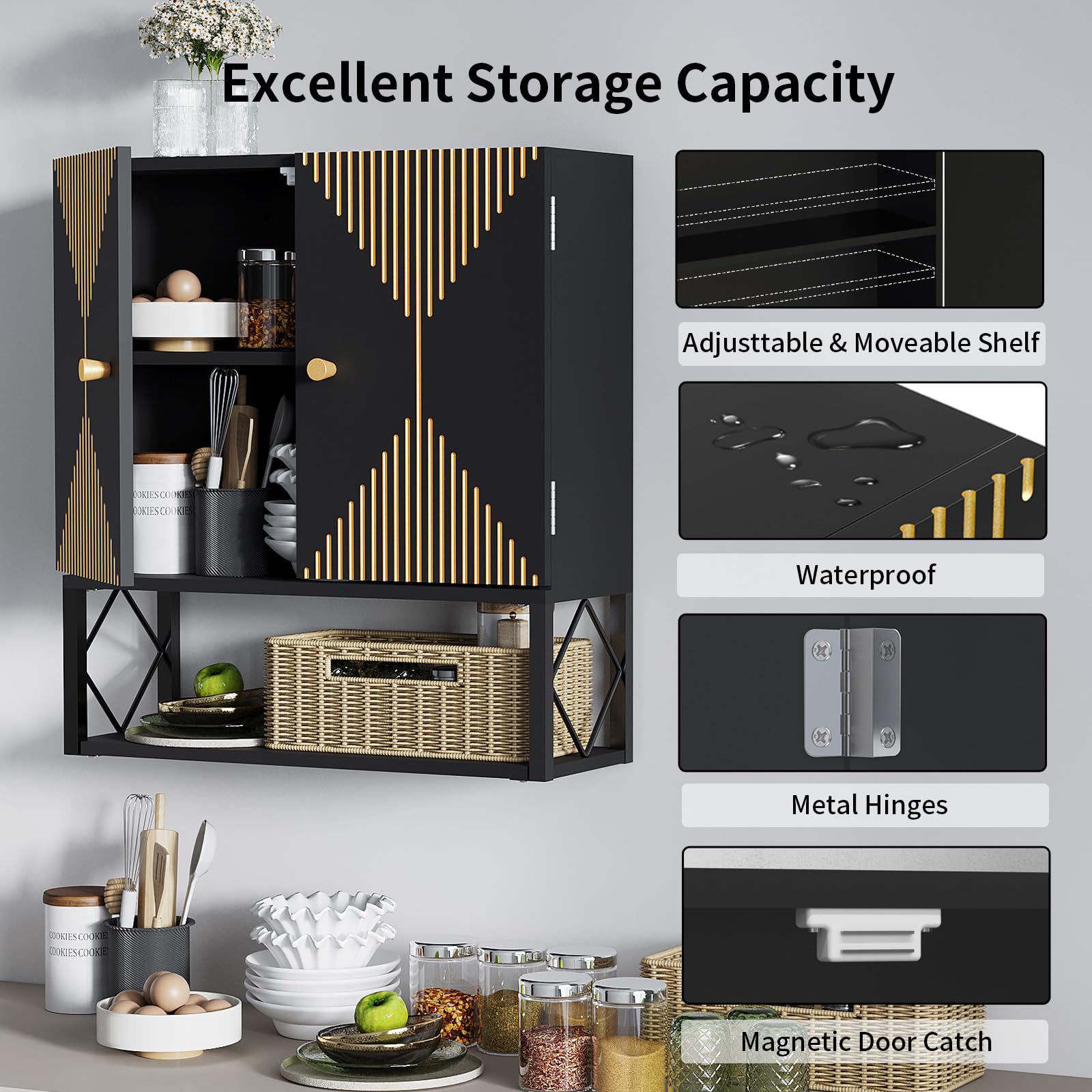 Premium Wall Mount Bathroom Cabinet - Over The Toilet Storage with 2 Doors & Open Shelf, Space-Saving Medicine Cabinet for Bathroom, Laundry Room & Kitchen Organization