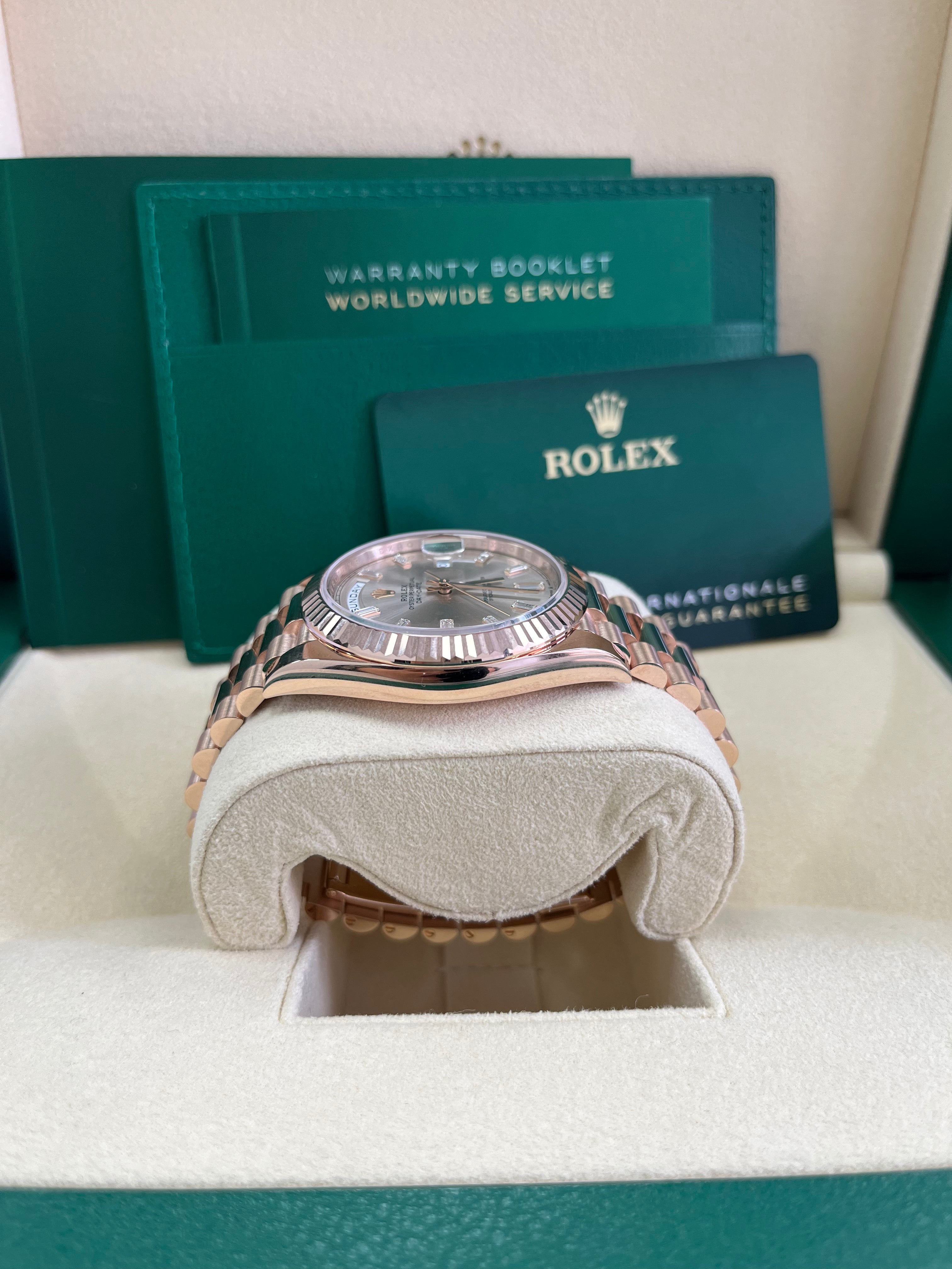 Rolex Day Date 40 Watch - 18K Yellow Gold, Fluted Bezel, Sundust Baguette Diamond Dial, President Bracelet 228235 | Luxury Dress Watch for Business & Formal Occasions