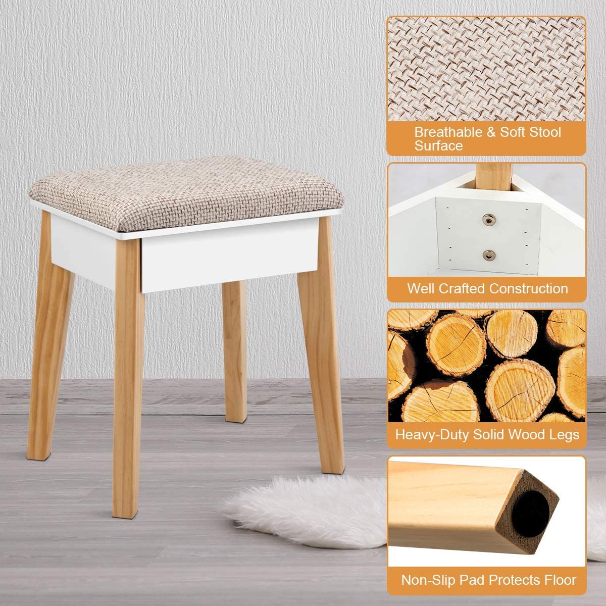 MAT EXPERT Vanity Desk Set with Mirror and Drawers - Chic White Dressing Table with Padded Stool, Makeup & Skincare Organizer, 2-Tier Tabletop & Large Mirror - Perfect for Bedroom, Dressing Room & Makeup Studio