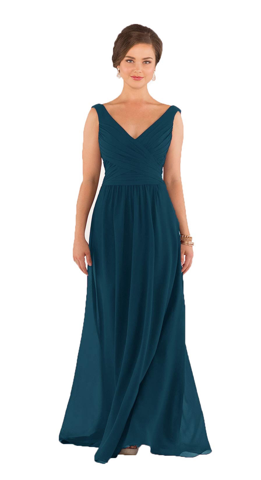 Ubride Women's V-Neck Chiffon Bridesmaid Dress Long Ruched Pleated Wedding Prom Gown - Elegant Formal Gown for Bridesmaids, Evening Parties & Special Occasions
