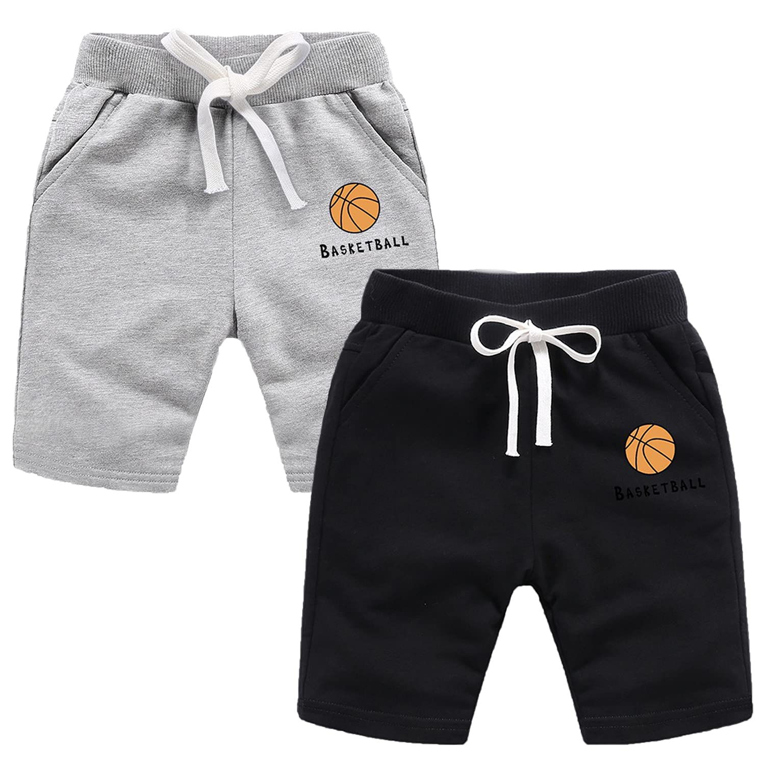 EISHOW 2-Pack Baby Boys Girls Athletic Shorts - Soft Cotton Basketball Soccer Short Pants with Funny Print & Drawstring Waist for Playtime, Sports & Casual Wear