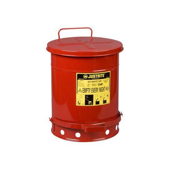 Justrite 09300 10 Gallon Red Oily Waste Can - OSHA Compliant Safety Container for Used Oil, Solvents & Flammable Liquids - Ideal for Auto Shops, Garages & Industrial Waste Disposal