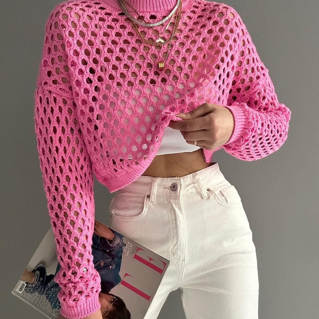 Women's 1897 Knitted Loose Round Neck Hollow Out Sweater - Casual Fall & Winter Fashion for Layering, Office Wear & Weekend Outfits