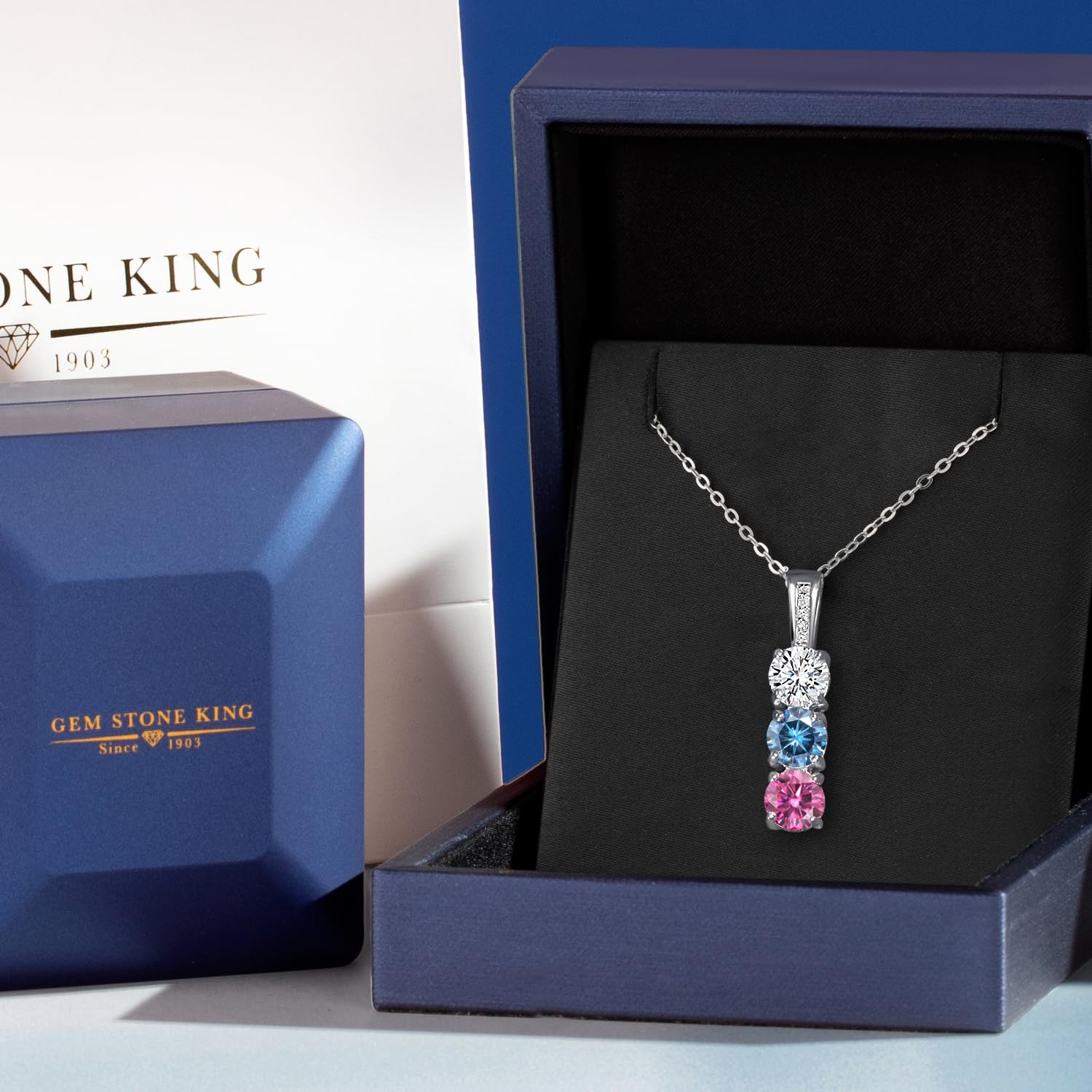 Custom Personalized Diamond & 3 Gemstone Birthstone Mother's Necklace in 925 Sterling Silver | 3-Stone Pendant Necklace for Women | Round 5MM Gemstones | 18
