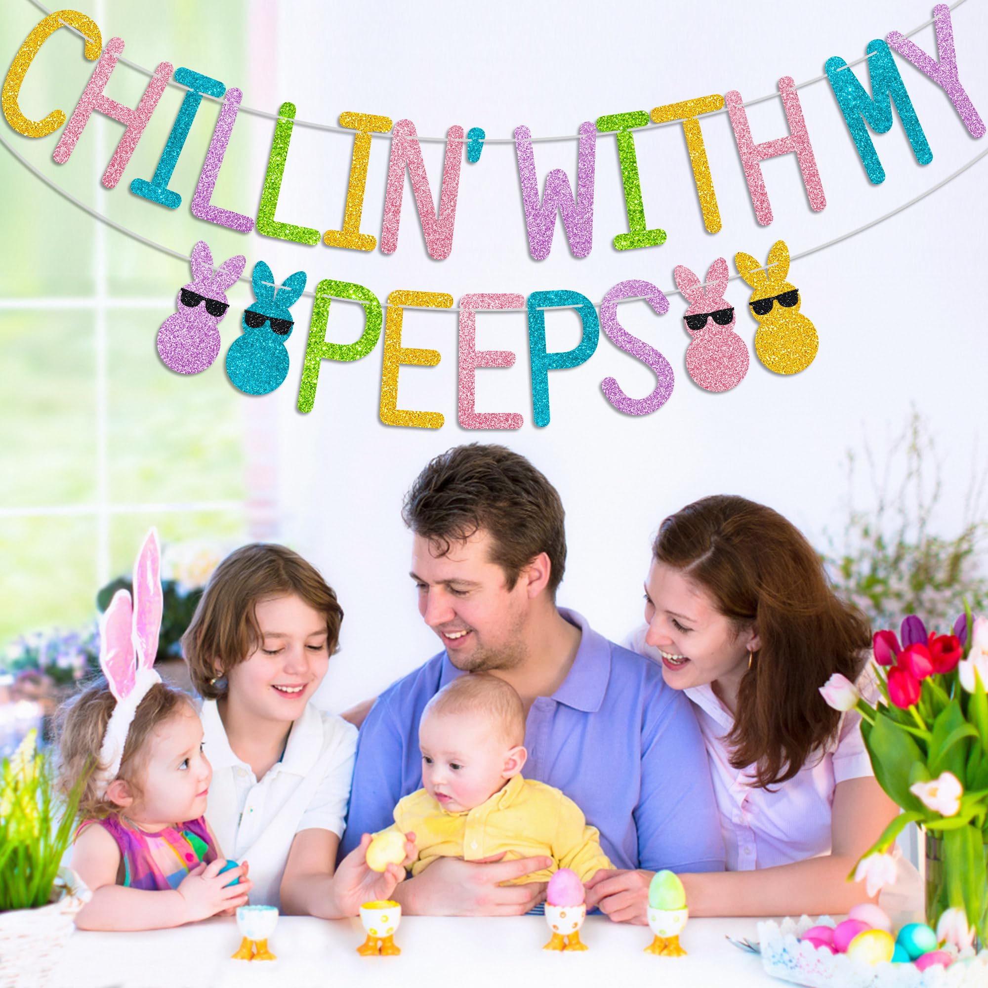 Glitter 'Chillin with My Peeps' Easter Banner - No DIY Required - Happy Easter Party Decorations for Spring Celebrations, Bunny & Chicken Themed Party Supplies | Perfect for Easter Egg Hunts, Classroom Decor, and Festive Home Decorations