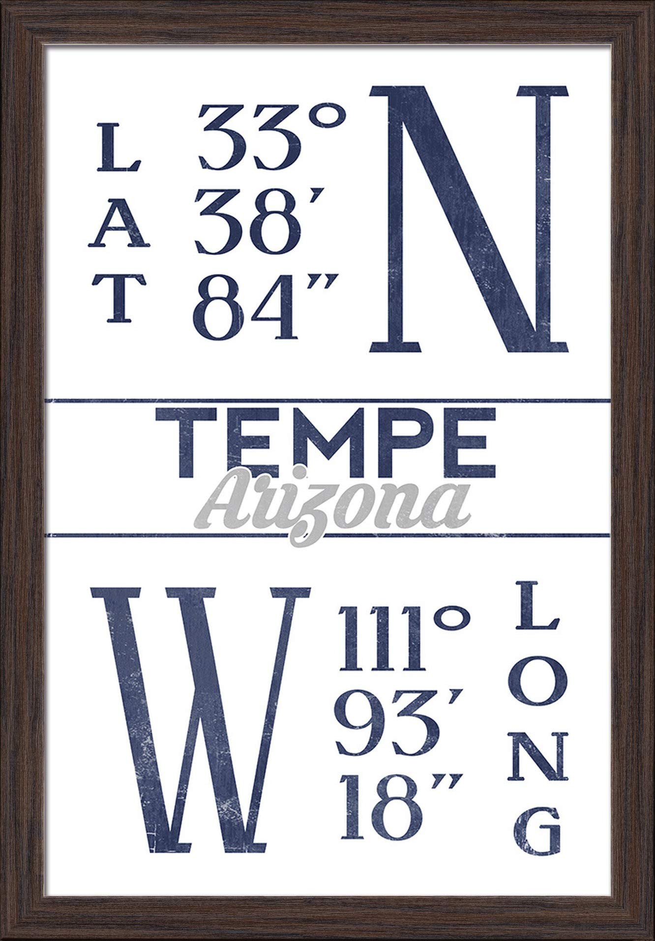 Tempe Arizona Latitude and Longitude Blue Fine Art Print - 16x24 Giclee on Recycled Wood Frame in Espresso Brown - Perfect for Home Office Decor & Arizona-Themed Gifts