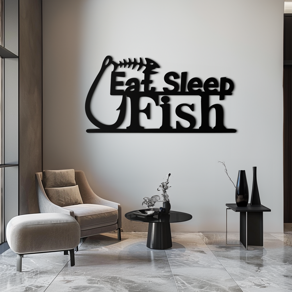 Eat Sleep Fish Metal Wall Art - Rustic Fishing Decor with Hook Design for Home & Office | Perfect Gift for Fishing Enthusiasts | Durable Metal Sign for Man Cave, Garage or Cabin Decor