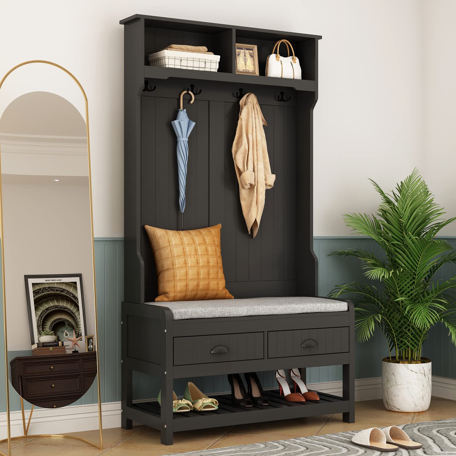 Modern Entryway Hall Tree with Storage Bench - 4-in-1 Coat Rack Organizer with 4 Metal Double Hooks, Shelves & 2 Drawers - Perfect for Hallway, Living Room or Mudroom Organization - Black