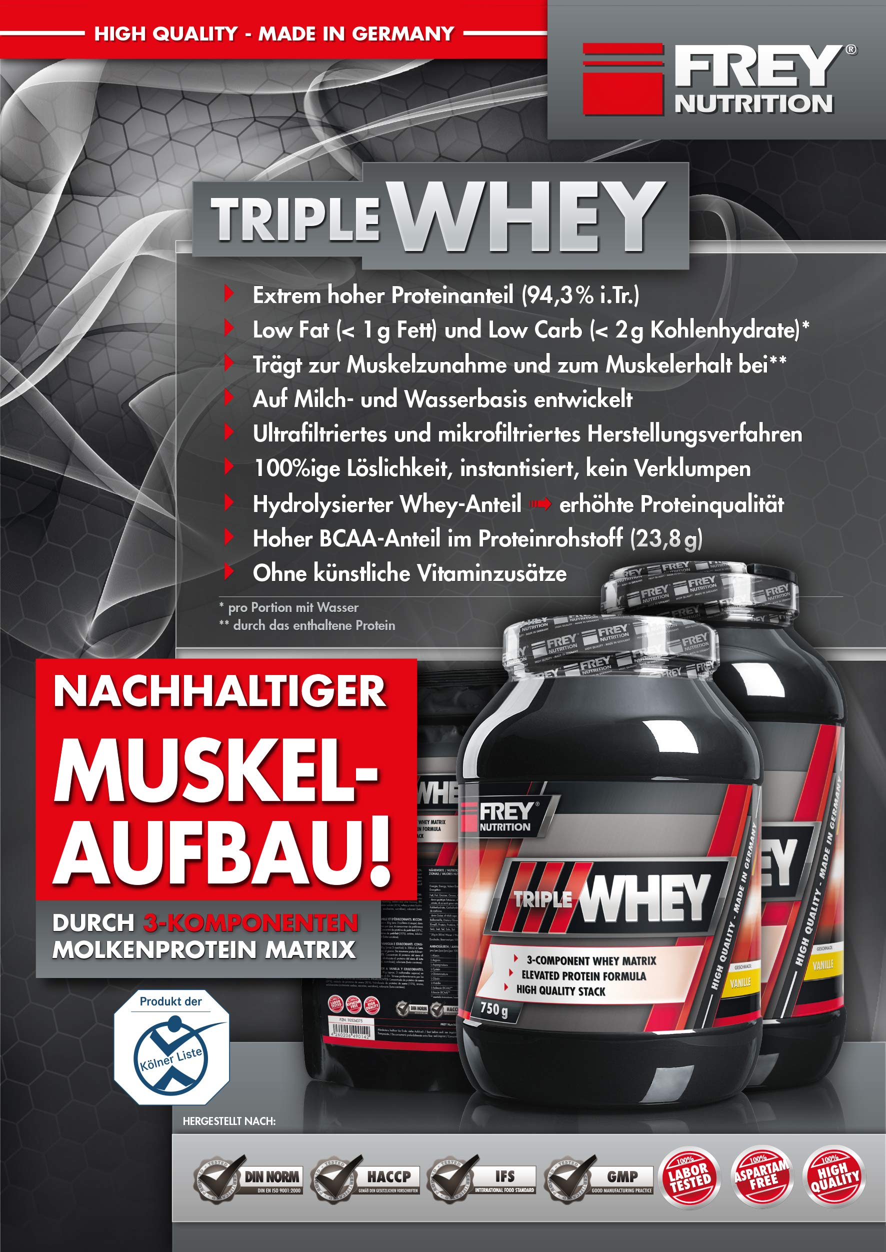 Frey Nutrition Whey Protein Powder Vanilla Flavor - 2.3kg (5.07lb) Tin - 30% Protein Isolate for Muscle Growth & Recovery - High BCAA Content (23.8g) - Made in Germany - Ideal for Post-Workout Shakes, Smoothies & Healthy Breakfasts