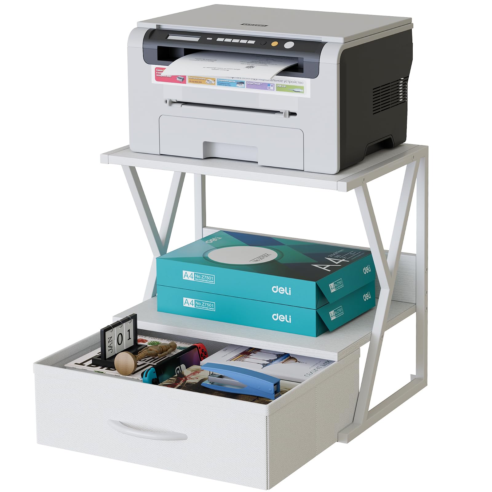 aboxoo 2-Tier Printer Stand with Storage Drawer - White Desktop & Under Desk Shelf Organizer for Fax Machine, 3D Printer, Scanner - Perfect for Home Office Workspace Organization