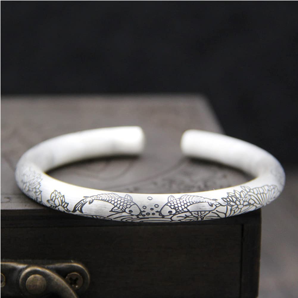 Vintage Adjustable 999 Sterling Silver Cuff Bangle Bracelet - Fish & Lotus Ethnic Design, 25G Heavy Handmade Jewelry for Men & Women | Perfect for Boho Fashion, Gift Giving & Special Occasions