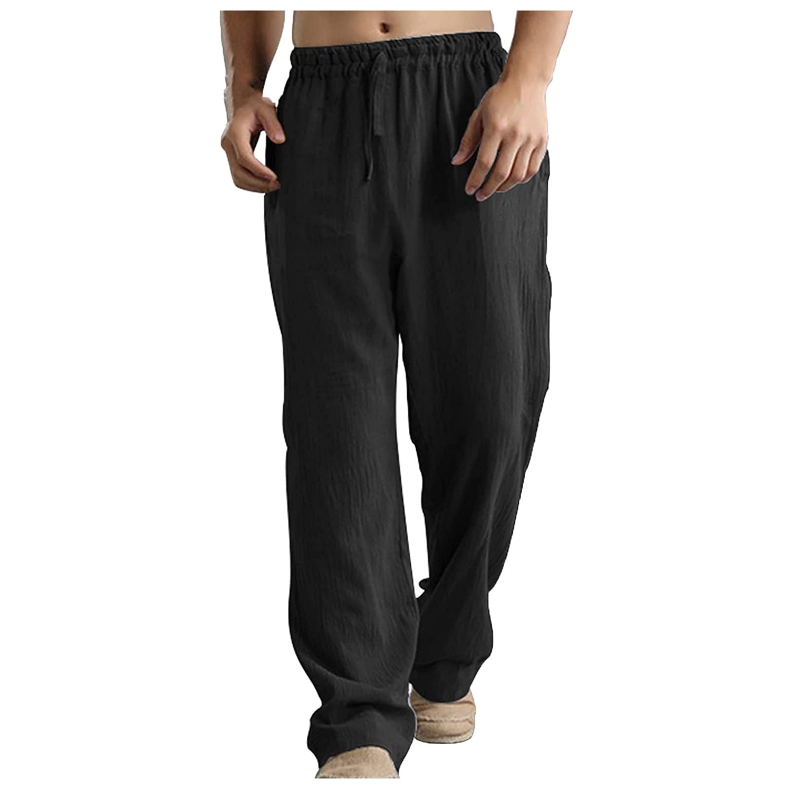 Gebanmadi Men's Breathable Linen Casual Pants - Loose Fit Washed Cotton Sports Trousers with Pockets | Perfect for Outdoor Activities, Travel & Lounge Wear